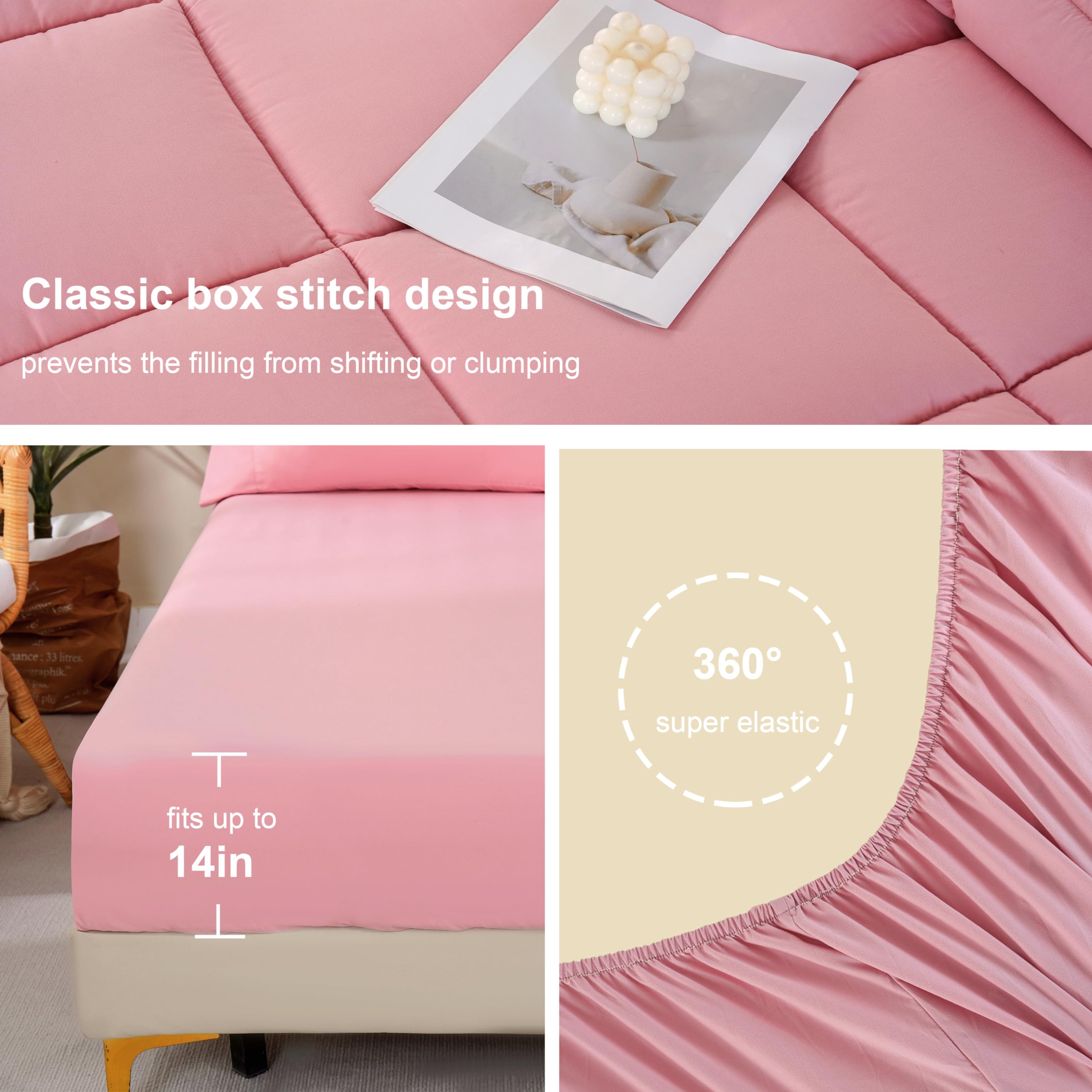 Downcool Queen Comforter Set, 7 Pieces Bedding Sets Queen Pink, All Season Down Alternative Bed In A Bag Queen With Comforter, F