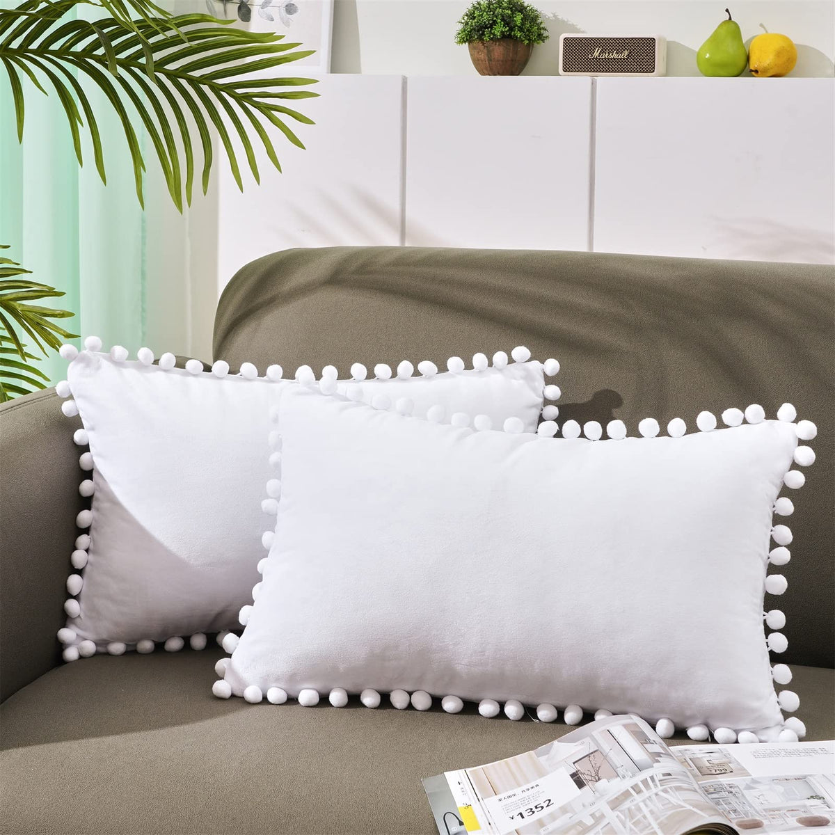 Top Finel Pack Of 2 Decorative Throw Pillow Covers 12X20 For Bed Car, Pure White Lumbar Pillow Covers With Pom Poms Soft Velvet