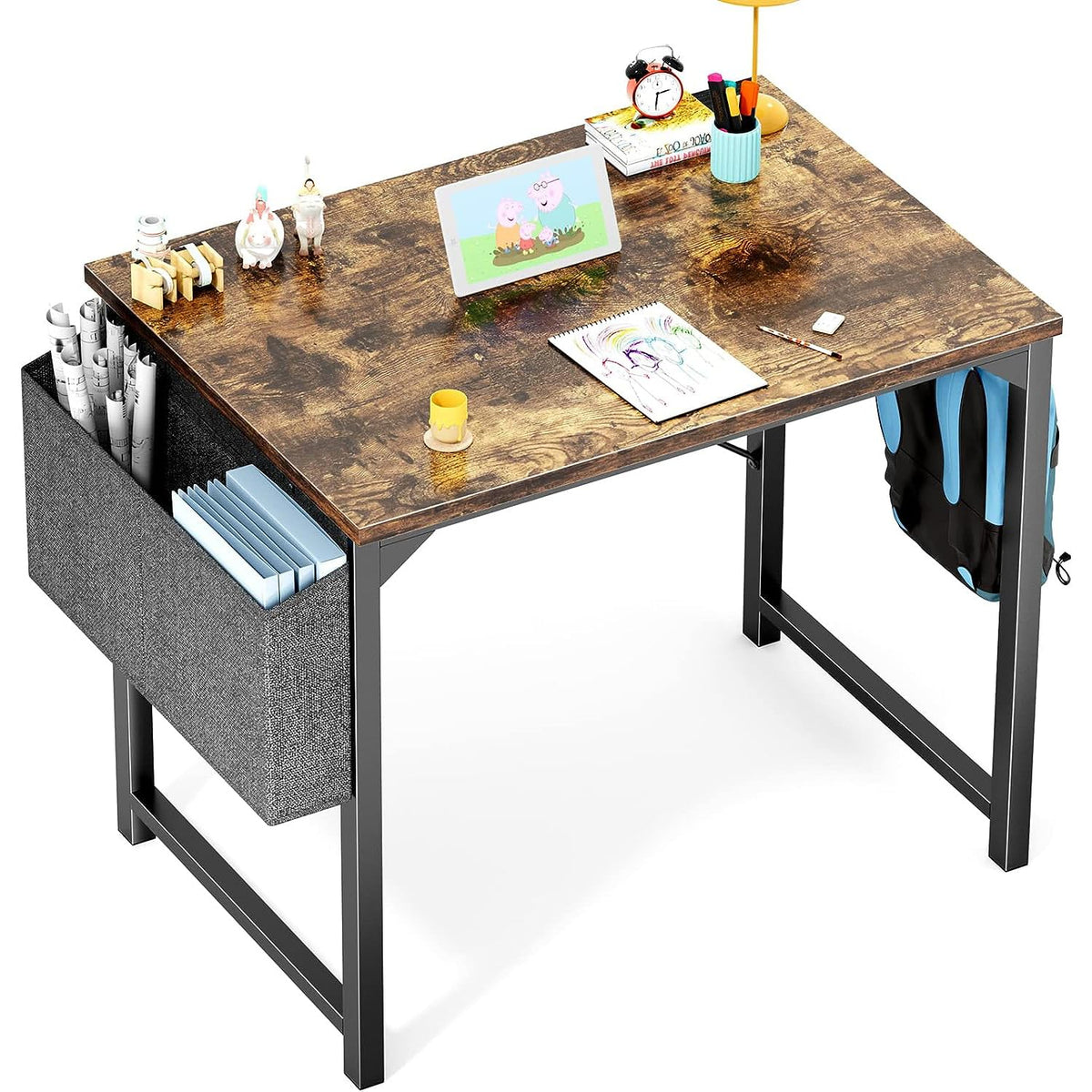 Olixis Computer Small Office Desk 32 Inch Writing Study Work With Storage Bag, Headphone Hooks, Home Simple Modern Wood Kids Student Table, Rustic Brown
