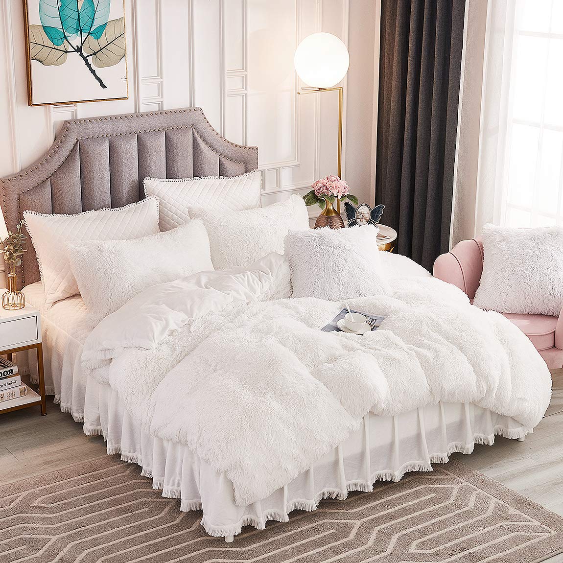 Jauxio Luxury White Shaggy Duvet Cover Sets, Queen Size Faux Fur Bedding Set 3 Pieces Fluffy Plush Comforter Cover With Pillow S