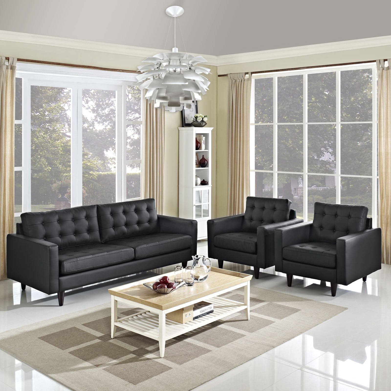 Modway Empress Mid-Century Modern Upholstered Leather Sofa And Two Armchair Set Black