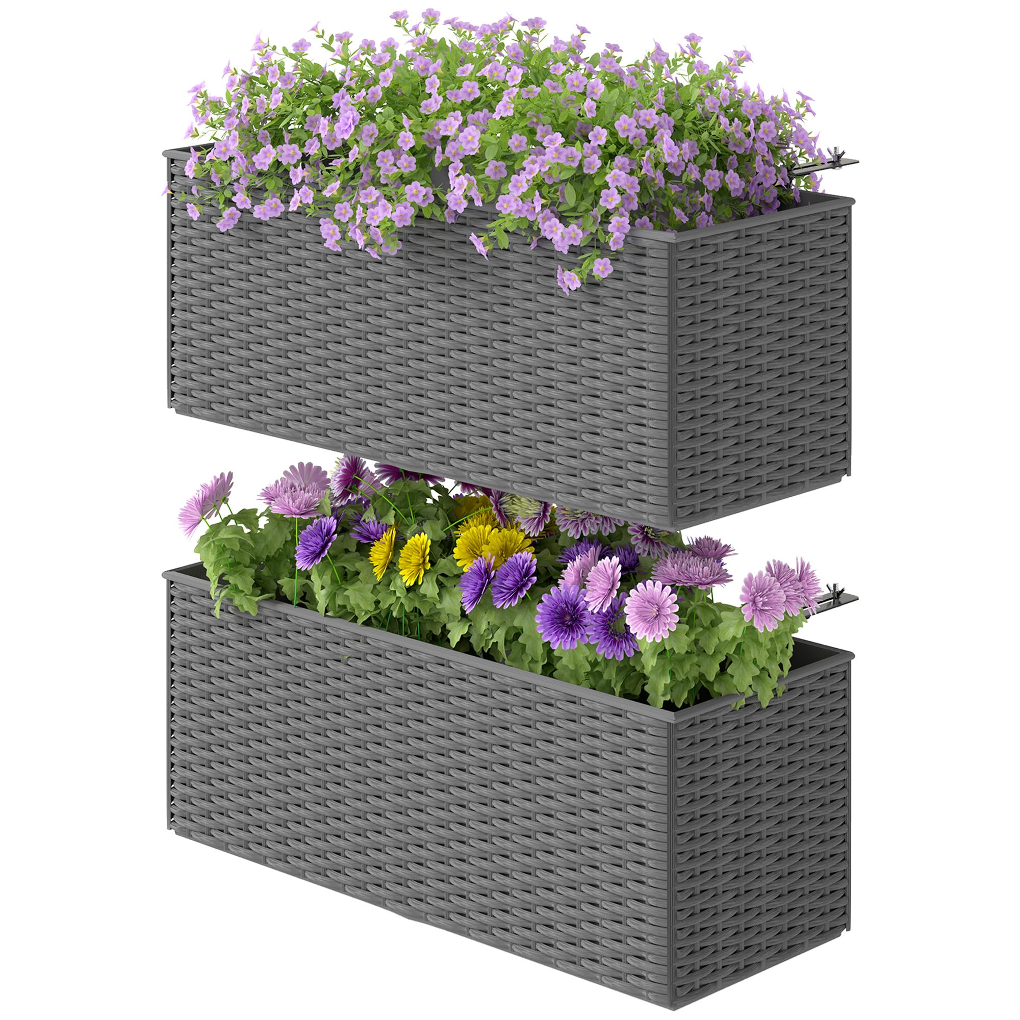 Outsunny Railing Planter Box (2 Pack, 20 Inch), Hanging Flower Pots With Hooks, Drainage Holes For Fence, Balcony, Garden, Patio