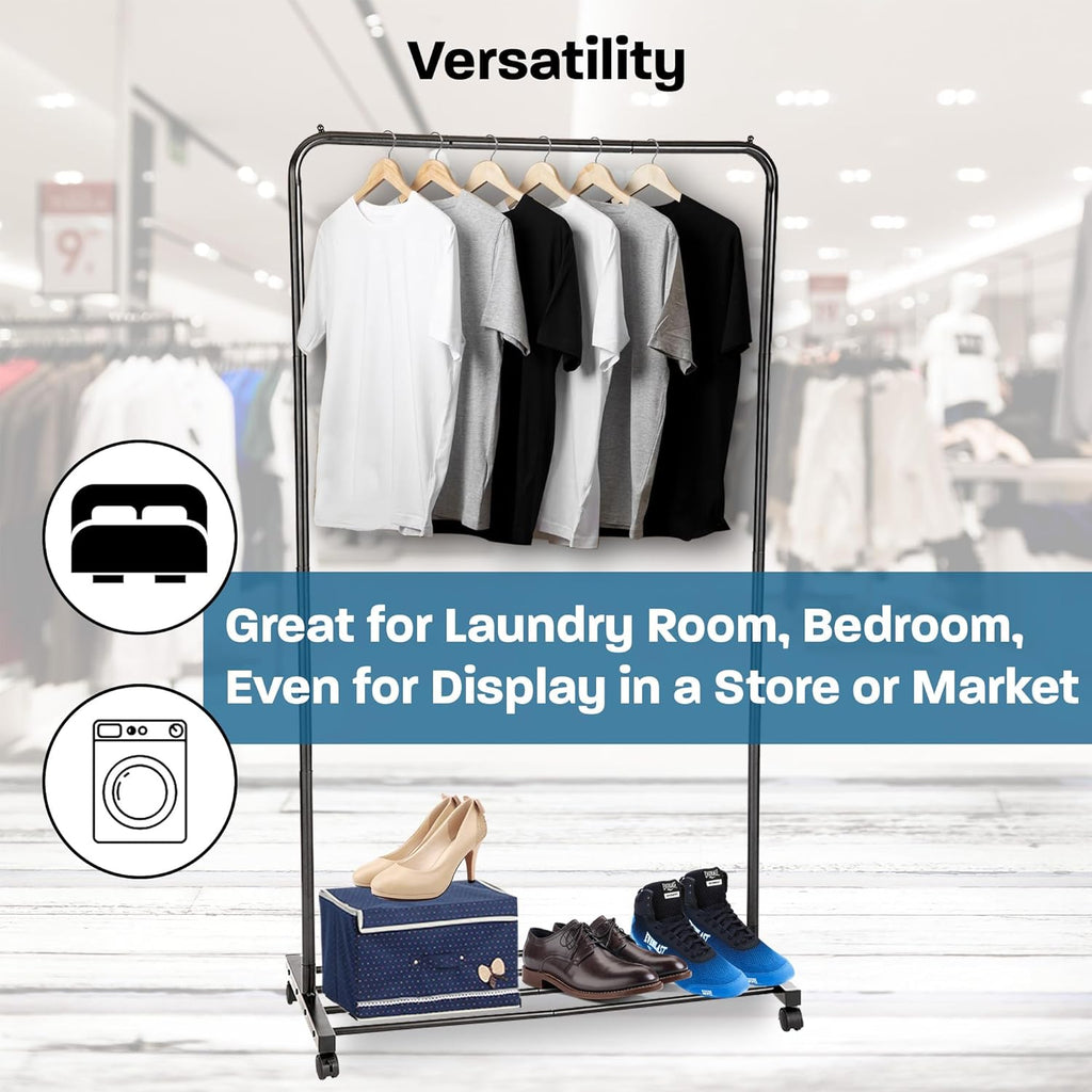 Heavy Duty Rolling Garment Rack with Adjustable 5-Tier Shoe Storage, Black