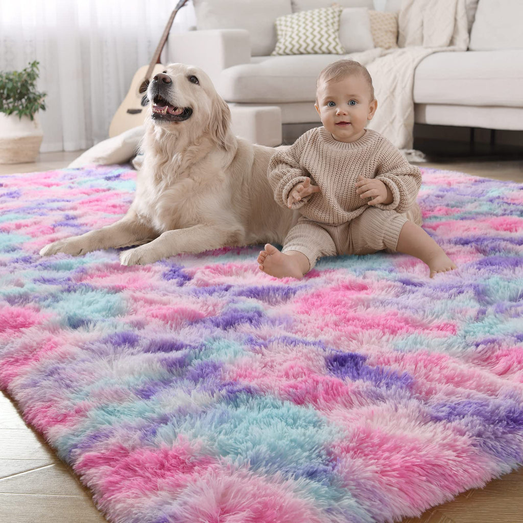 LOCHAS Luxury Fluffy Rainbow Area Rug for Girls Bedroom 4x6, Soft Fuzzy Kids Rugs for Bedroom Boys Playroom, Cute Colorful Tie D