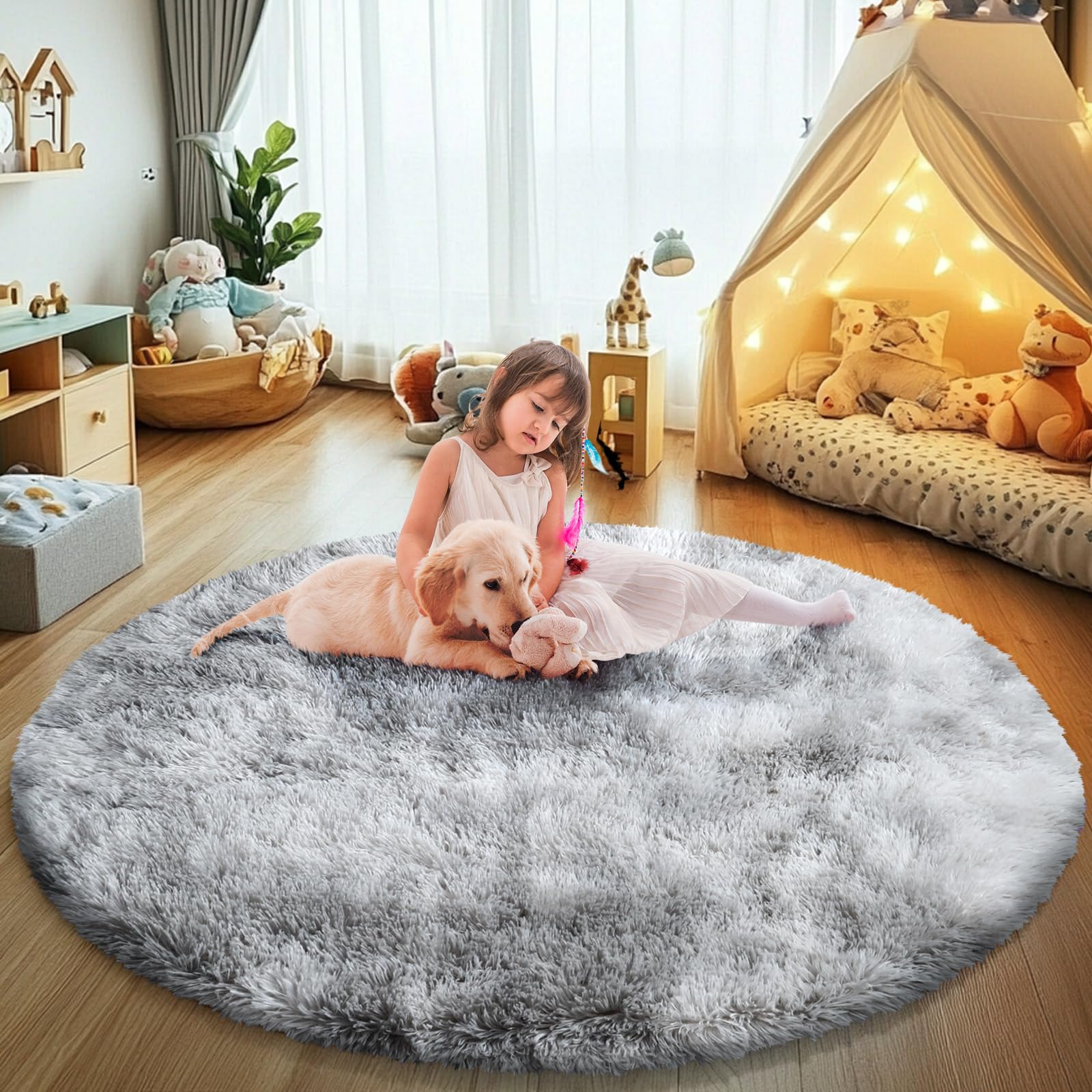 Tie-Dyed Fluffy Round Rug,Soft Area Rugs for Girls Room,Shaggy Rugs 4'X4' for Living Room,Non Slip Circle Rug for Kids Bedroom,S