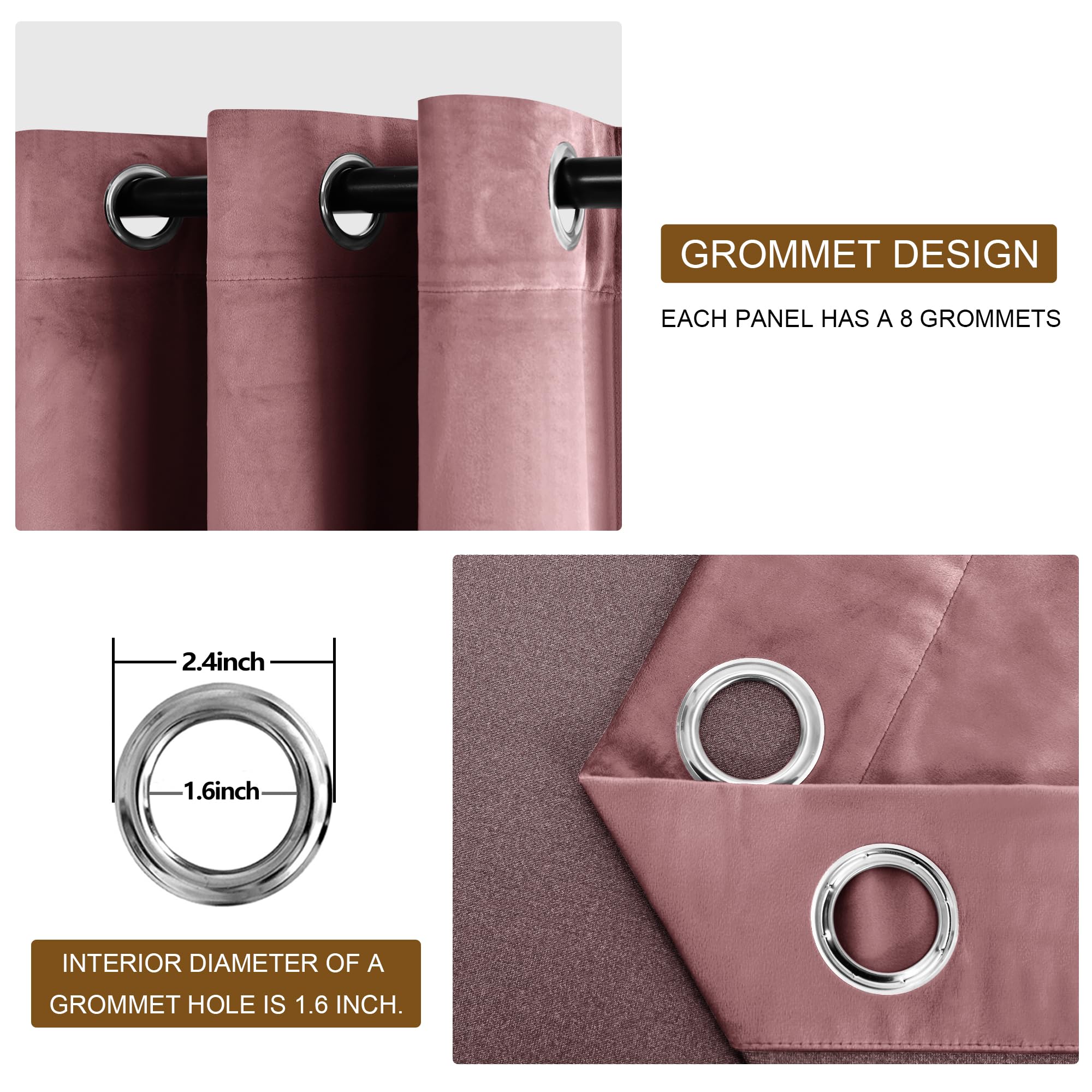 Dwcn Velvet Blackout Curtains - 96 Inches Long Wild Rose Tieable Window Curtains Panels Grommet Design Thick Fabric Thermal Insu