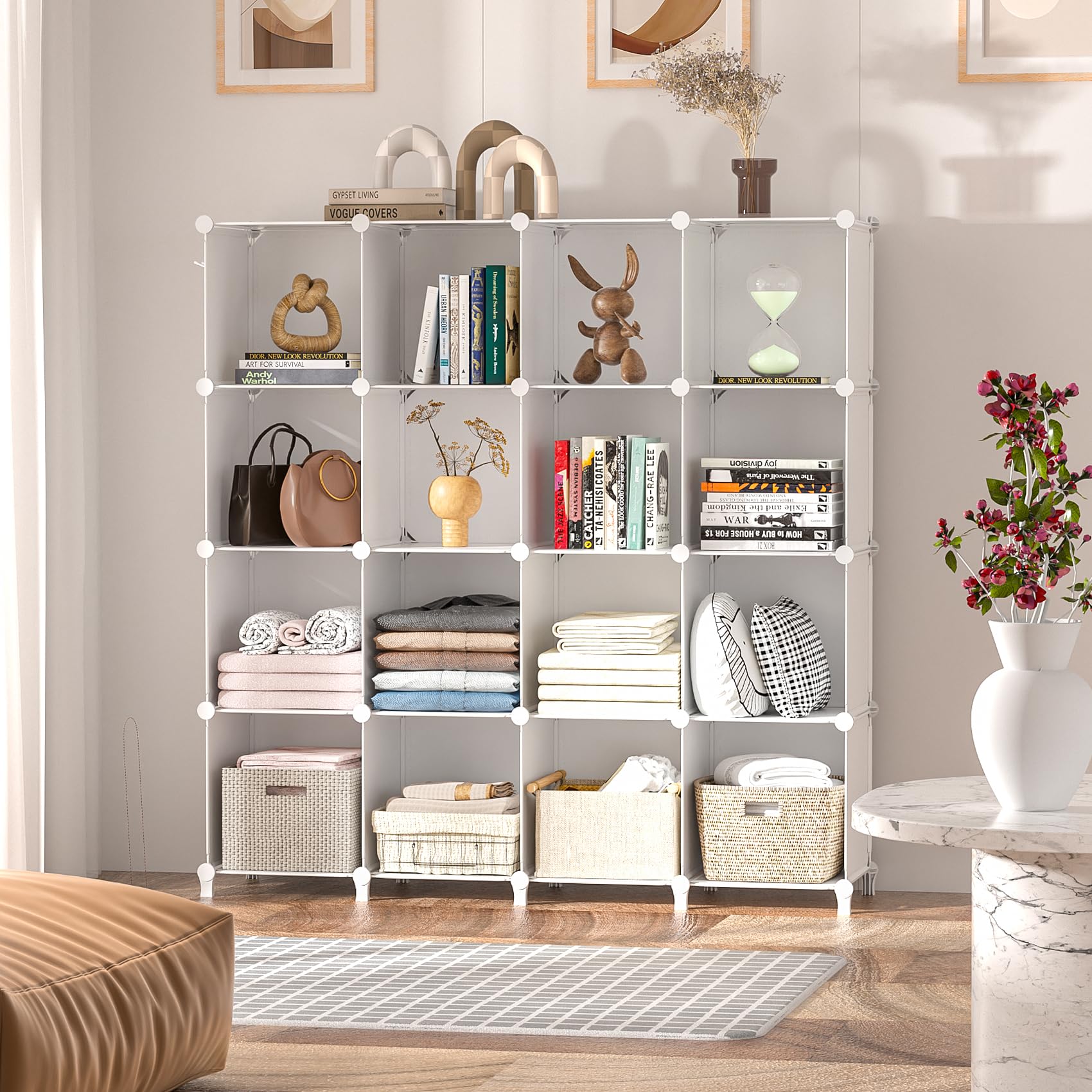 Neprock 16 Cubby Storage Organizer, Closet Clothes Storage Organizer, Cube Shelves Closet Organizers And Storage Shelves For Clothing Storage With Hammer, Bookshelf For Kids (White)