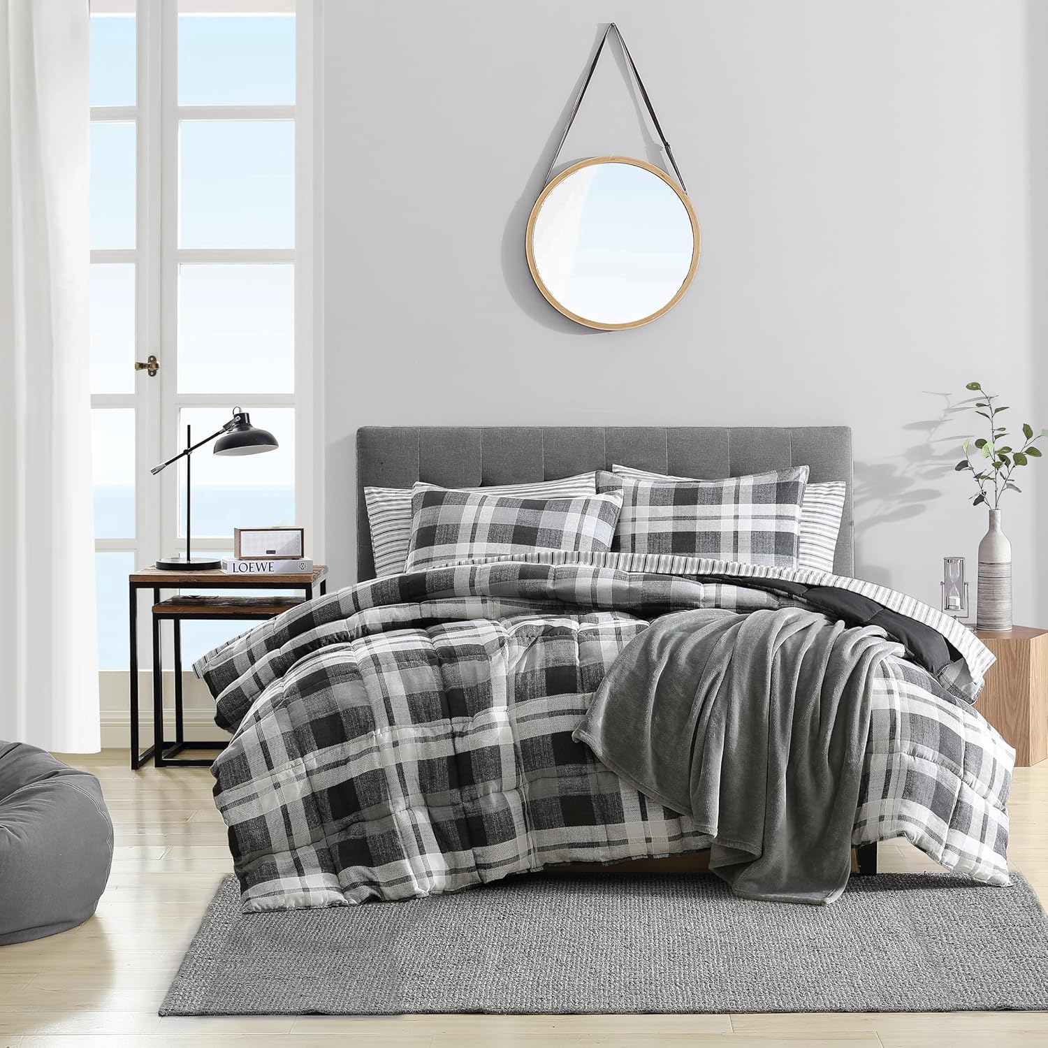 Nautica Queen Comforter Set, Reversible Microsuede Bedding With Matching Sham(S), Casual Home Decor (Crossview Plaid Charcoal, 