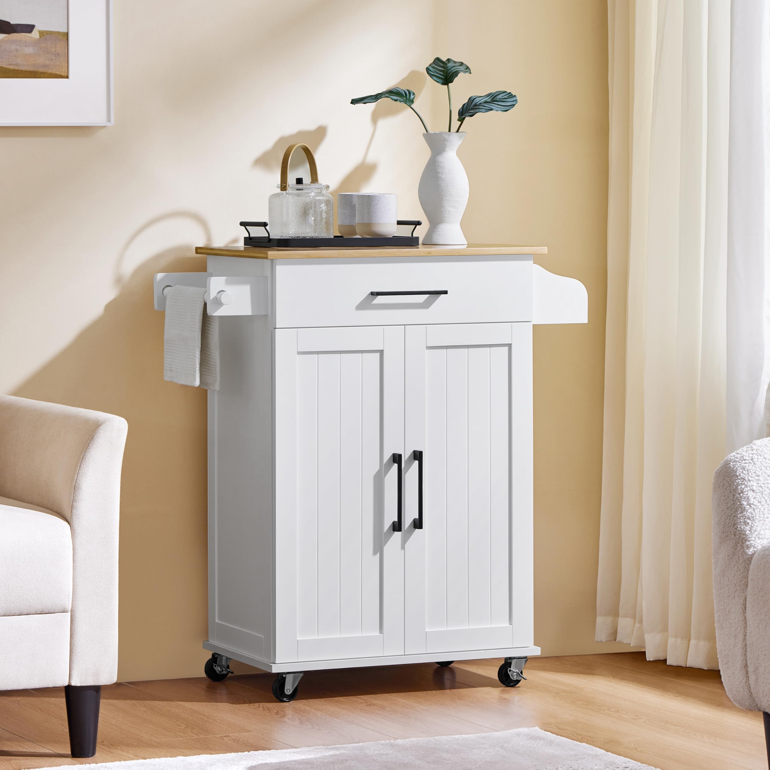 Yaheetech Kitchen Cart With Bamboo Tabletop, 32' Width Rolling Kitchen Island With Drawer And Adjustable Shelf, Storage Cabinet With Spice Rack Towel Bar For Dining Room Kitchen Living Room, White