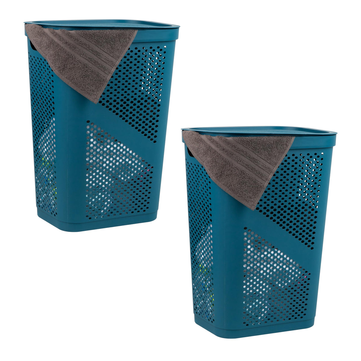 Mind Reader 60L Slim Laundry Hamper, Clothes Basket, Lid, Ventilated, Plastic, 17.25''L x 13.75''W x 23.5''H, Set of 2, Blue