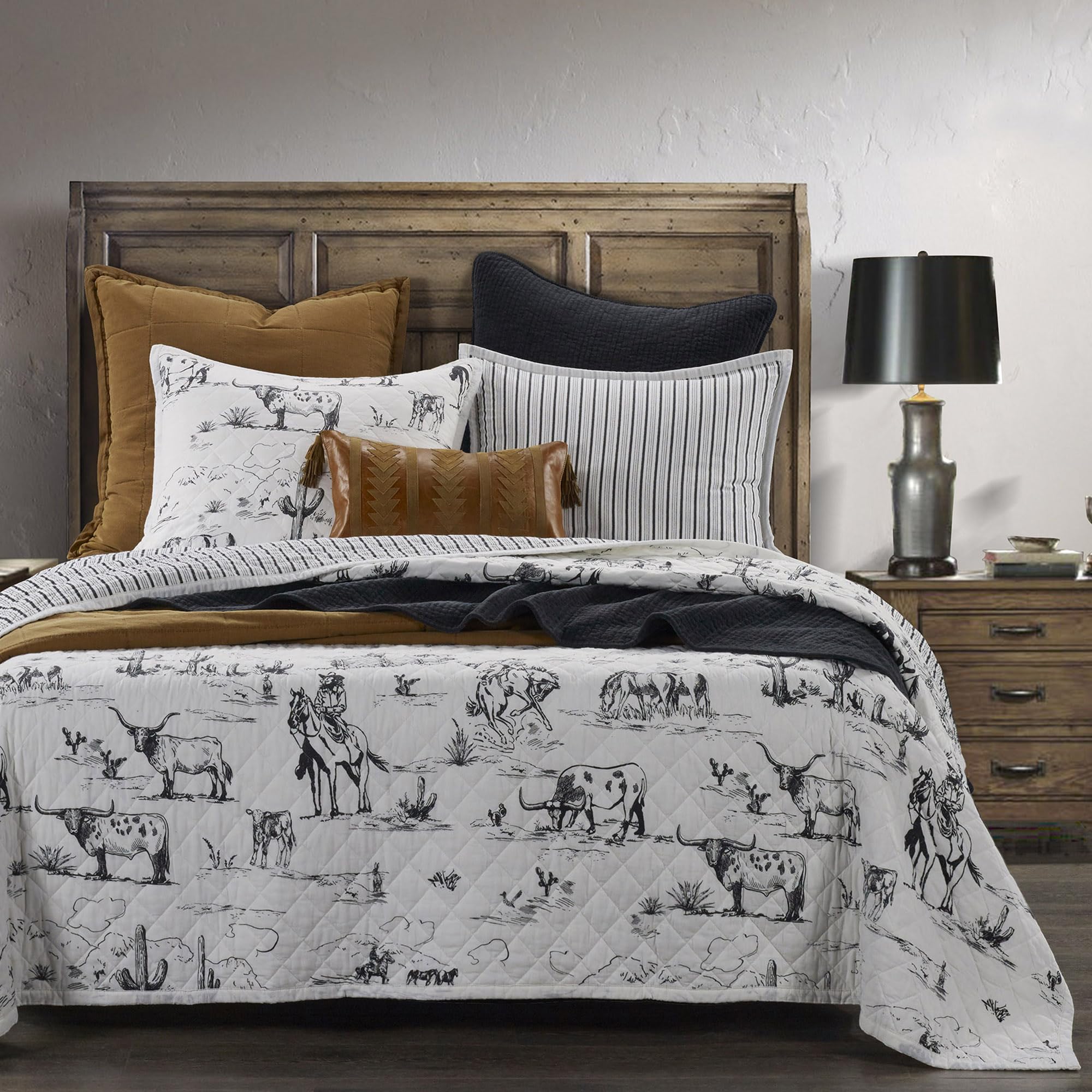 Paseo Road By Hiend Accents Ranch Life Western Bedding, 3 Piece Full Queen Size Quilt Set, White Black Cow Cowboy Longhorn Horse