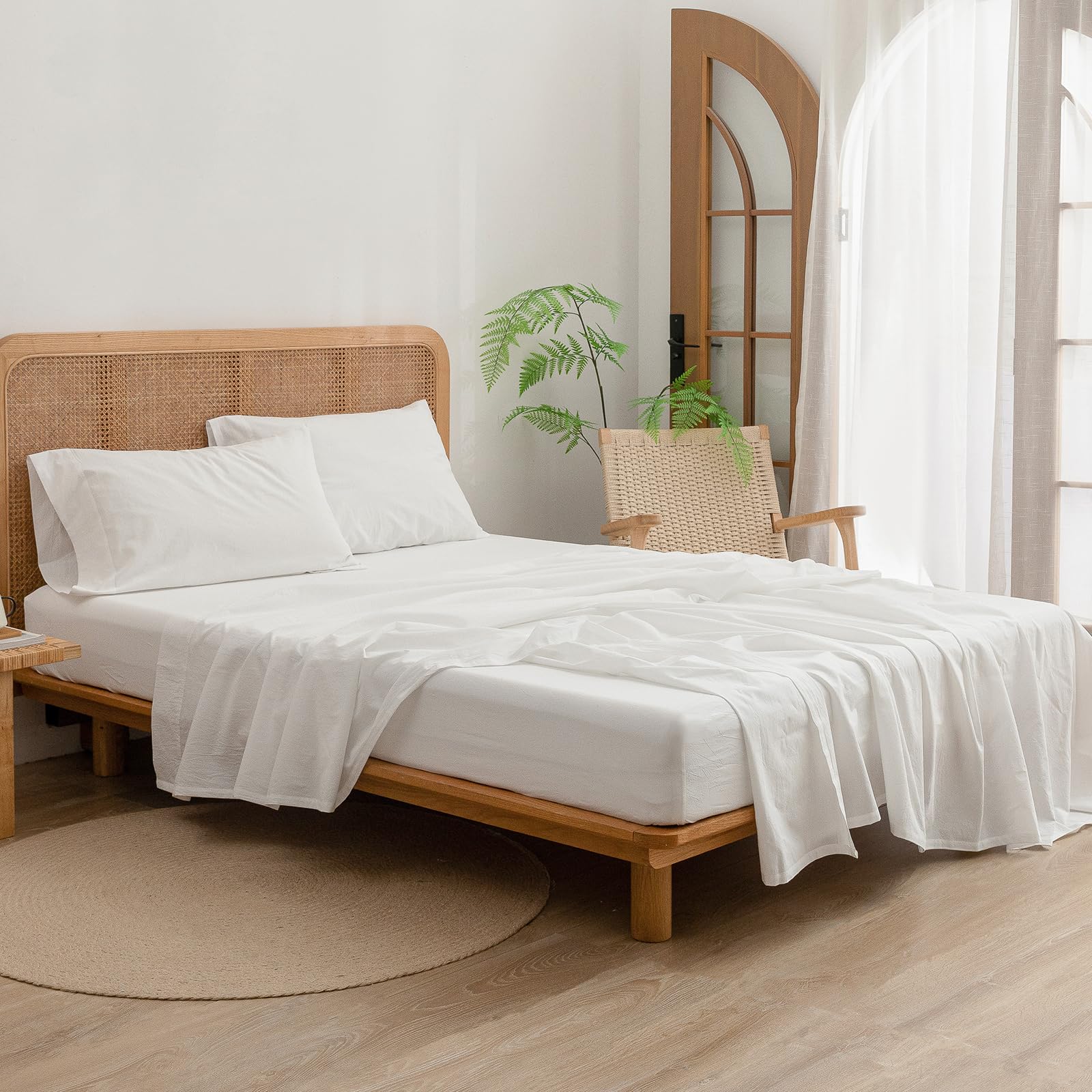 Bestouch Sheet Set 100% Washed Cotton Linen Feel Super Soft Comfortable Chic Lightweight 4 Pcs Home Bedding Set Solid Off White