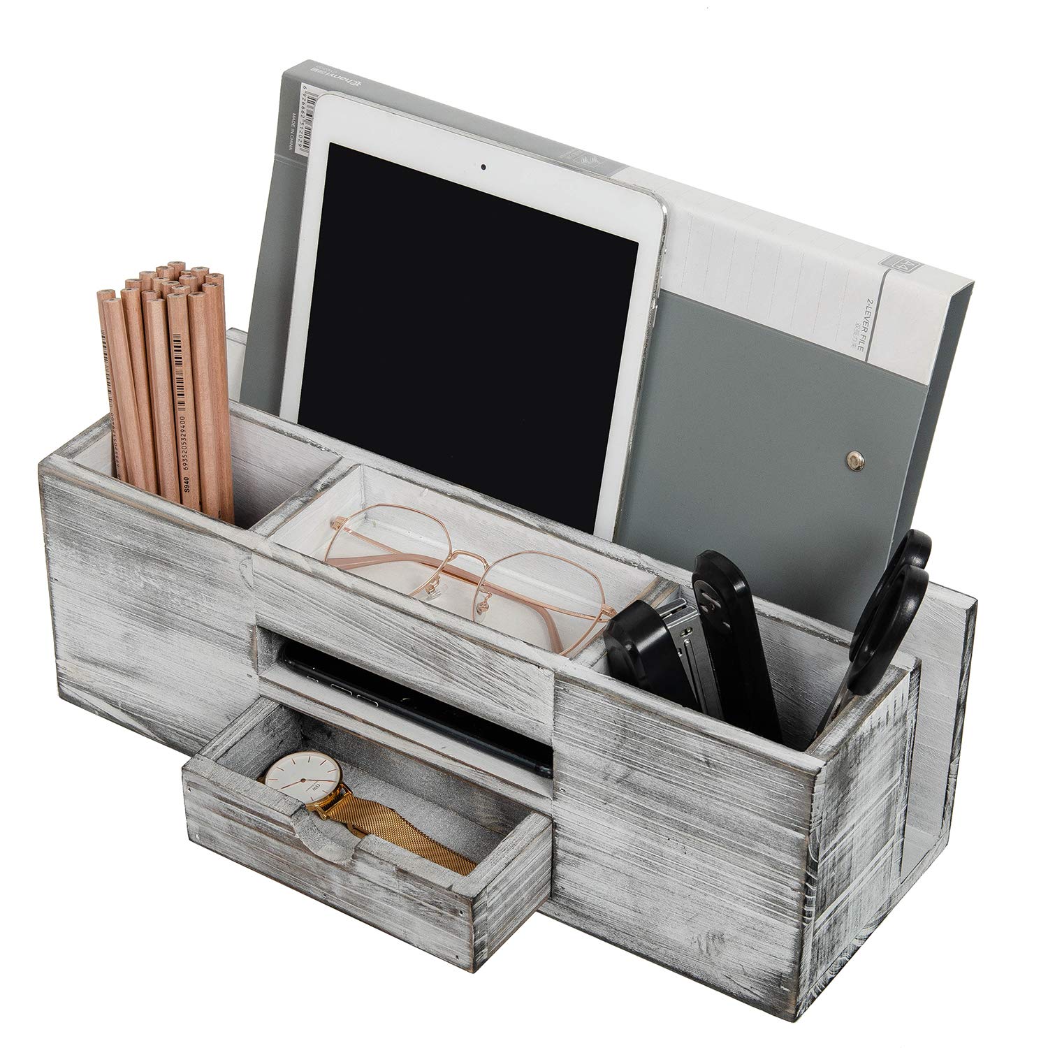 Liry Products Whitewashed Wooden Desktop Organizer Multiple Compartments Rack Shelf Drawer Tabletop Wood Storage Cabinet Office