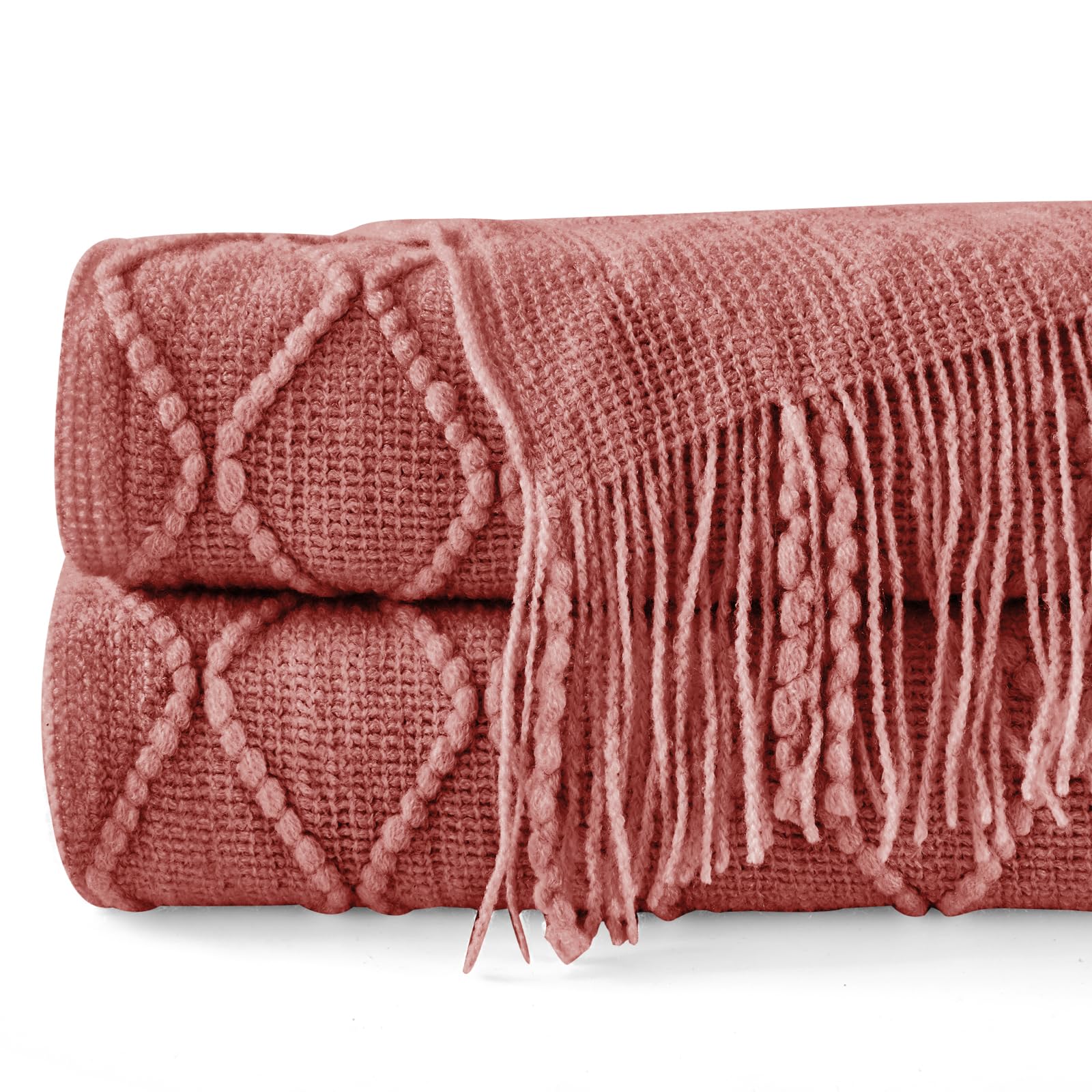 Inhand Knitted Throw Blankets For Couch And Bed, Soft Cozy Knit Blanket With Tassel, Coral Pink Lightweight Decorative Blankets