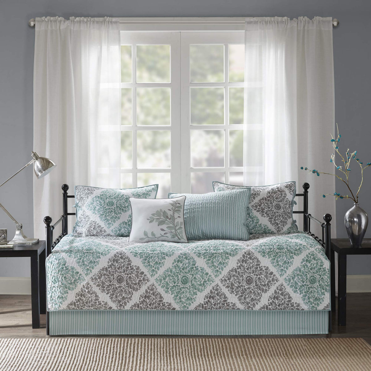 Madison Park Daybed Cover Set - Double Sided Quilting Casual Design, All Season Bedding With Bedskirt, Matching Shams, Decorative Pillow, 75'X39', Diamond Aqua 6 Piece
