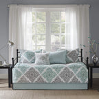 Madison Park Daybed Cover Set - Double Sided Quilting Casual Design, All Season Bedding With Bedskirt, Matching Shams, Decorative Pillow, 75'X39', Diamond Aqua 6 Piece