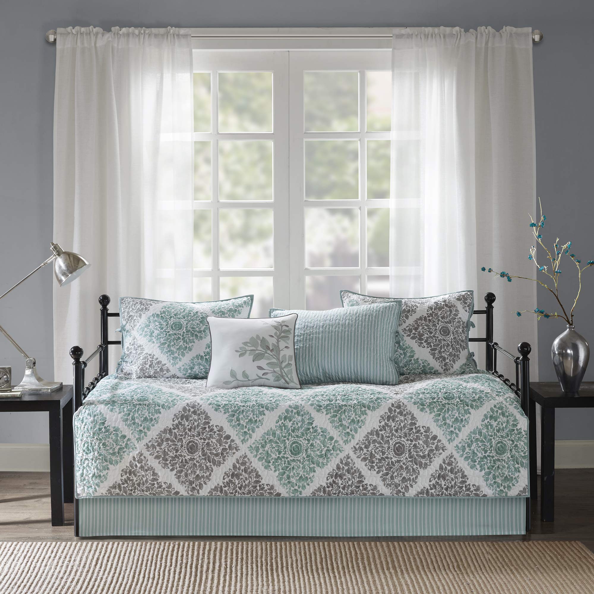 Madison Park Daybed Cover Set - Double Sided Quilting Casual Design, All Season Bedding With Bedskirt, Matching Shams, Decorative Pillow, 75'X39', Diamond Aqua 6 Piece