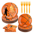 LMJUNZZ 120 Pcs Basketball Party Supplies Bundle Paper Plates Napkins Forks Basketballs Party Birthday Decorations For Kids Serv