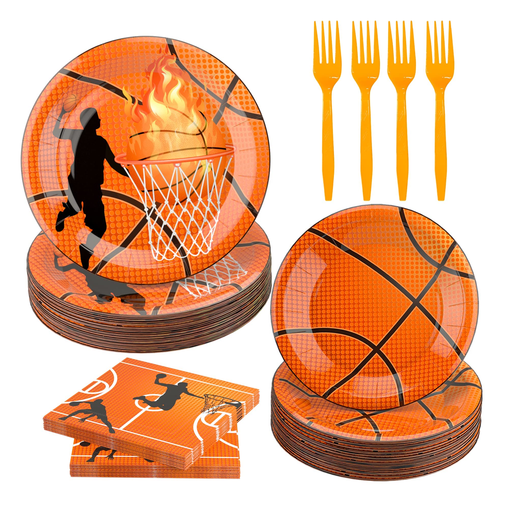 LMJUNZZ 120 Pcs Basketball Party Supplies Bundle Paper Plates Napkins Forks Basketballs Party Birthday Decorations For Kids Serv