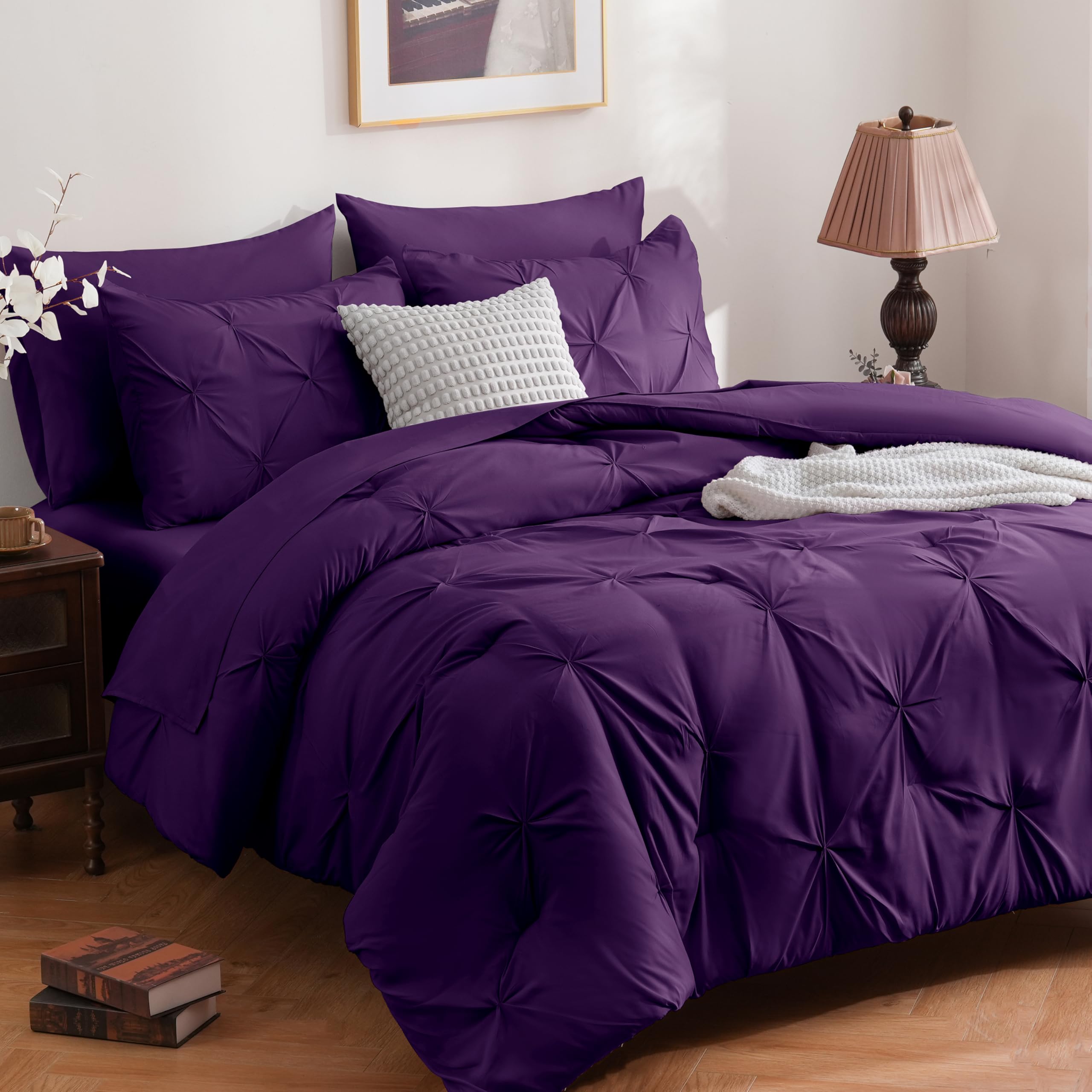 Downcool 7 Pieces King Size Comforter Set, Pintuck Purple Bed In A Bag, Pinch Pleat King Size Bed Set, All Season Bedding Sets W