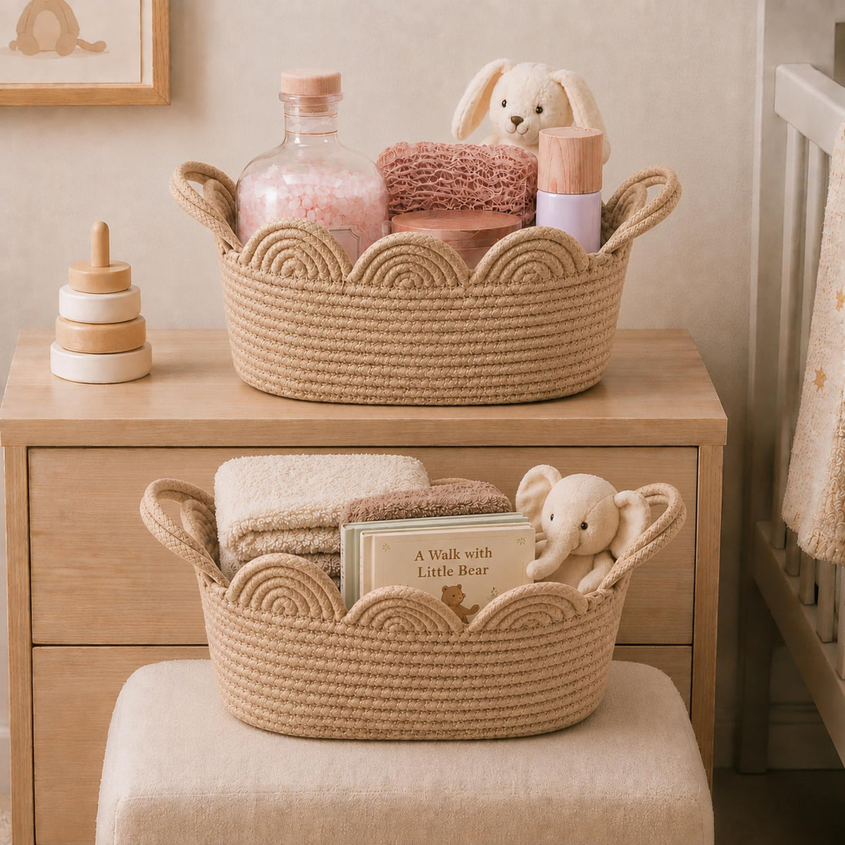 Junkin 2 Pack Scalloped Woven Baskets for Organizing, Bins Boho
