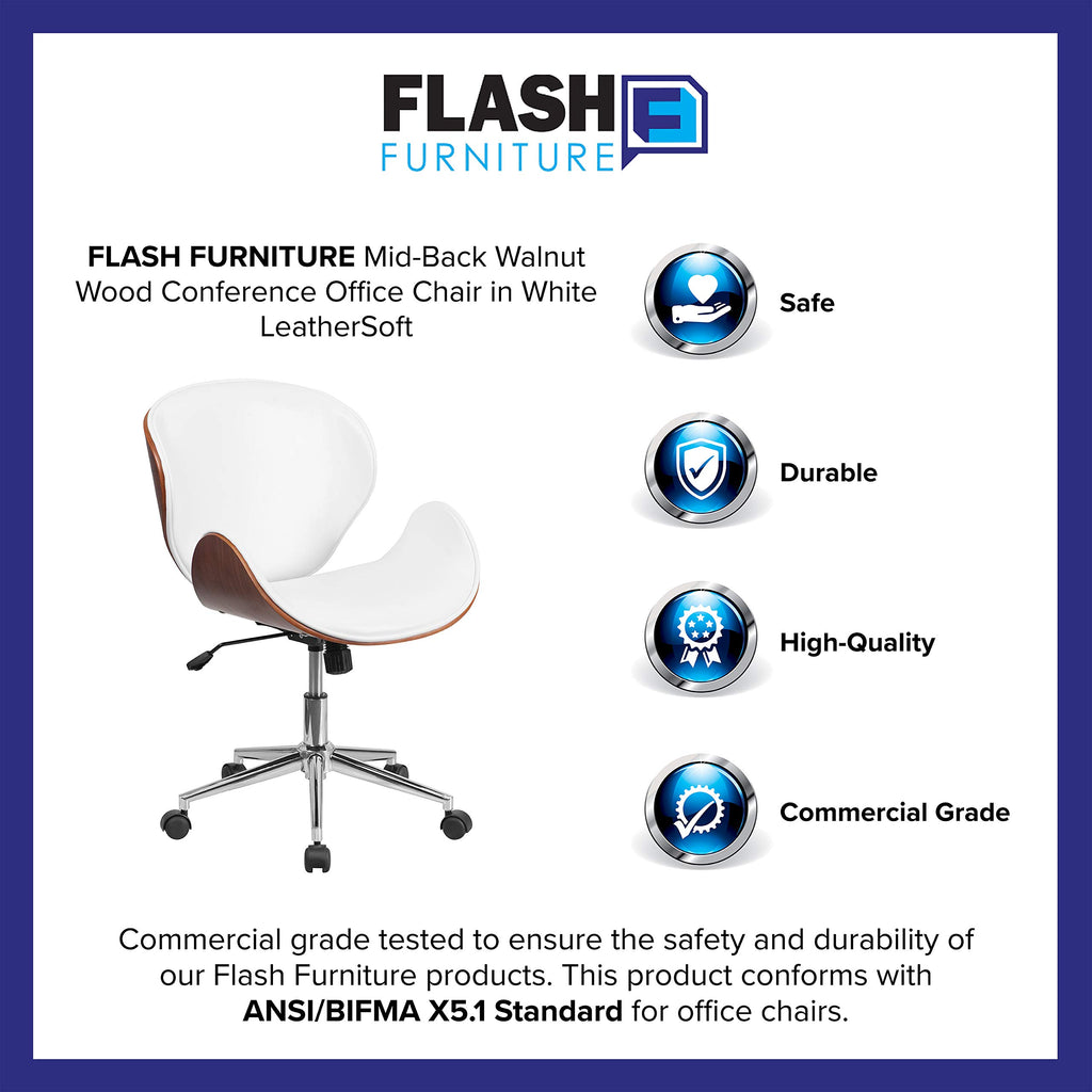 Flash Furniture Tana Mid-Back Walnut Wood Conference Office Chair in White LeatherSoft