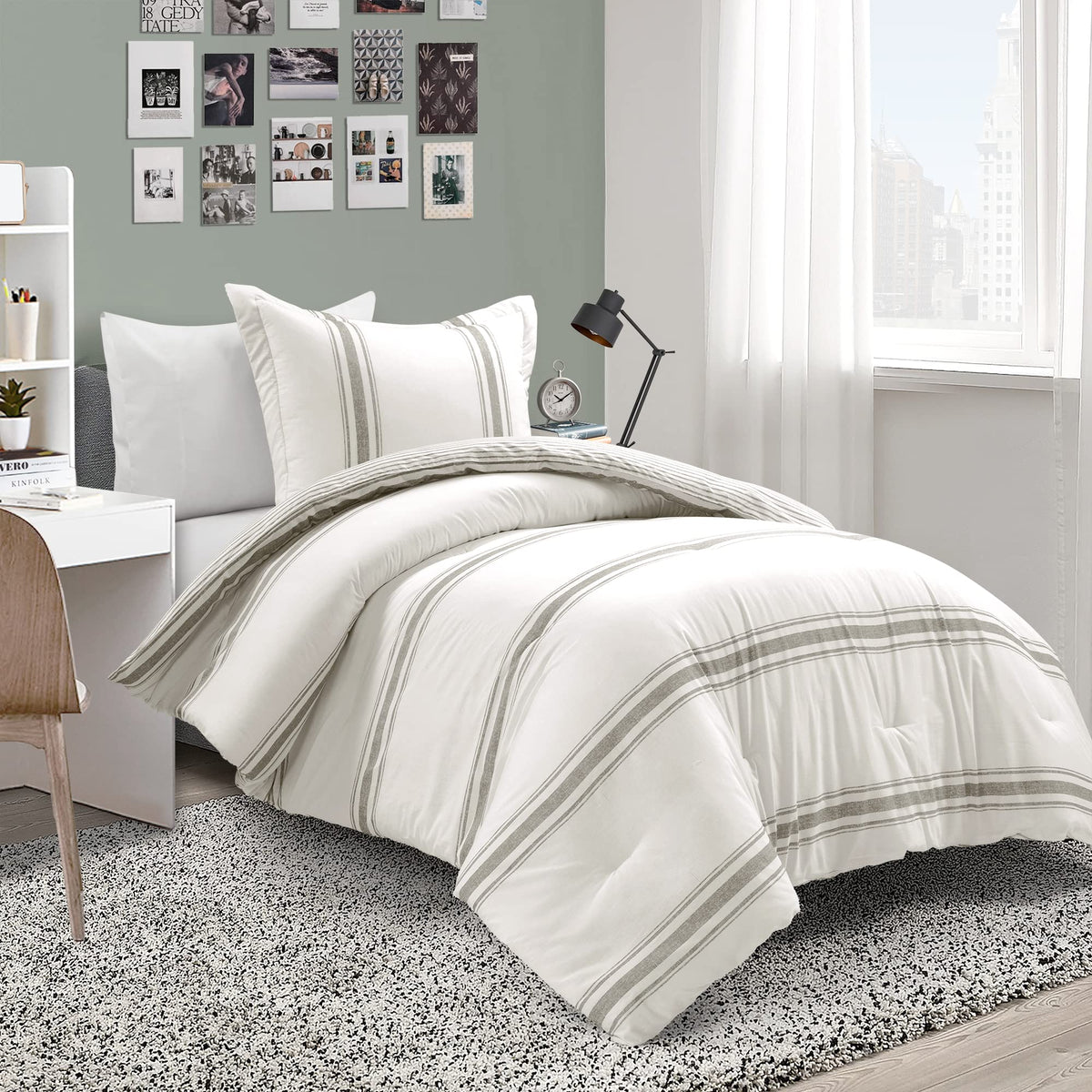 Lush Decor Farmhouse Stripe Reversible Cotton Comforter Set , 2 Piece Set, Twin Xl, Gray - Twin Bedding Set - Dorm Decor - Strip