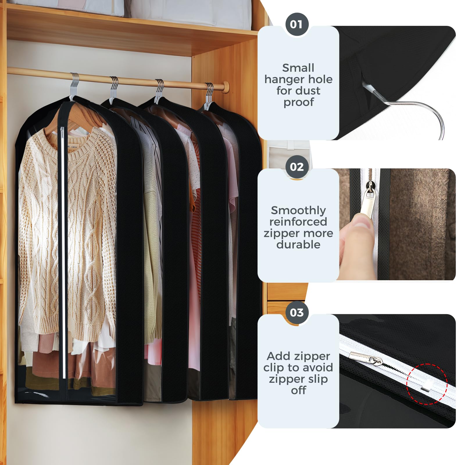 4 Pack 60'' Clear Garment Bags For Hanging Clothes, Suit Bags For Closet Storage, Clothing Storage, Garment Bags For Travel Cove