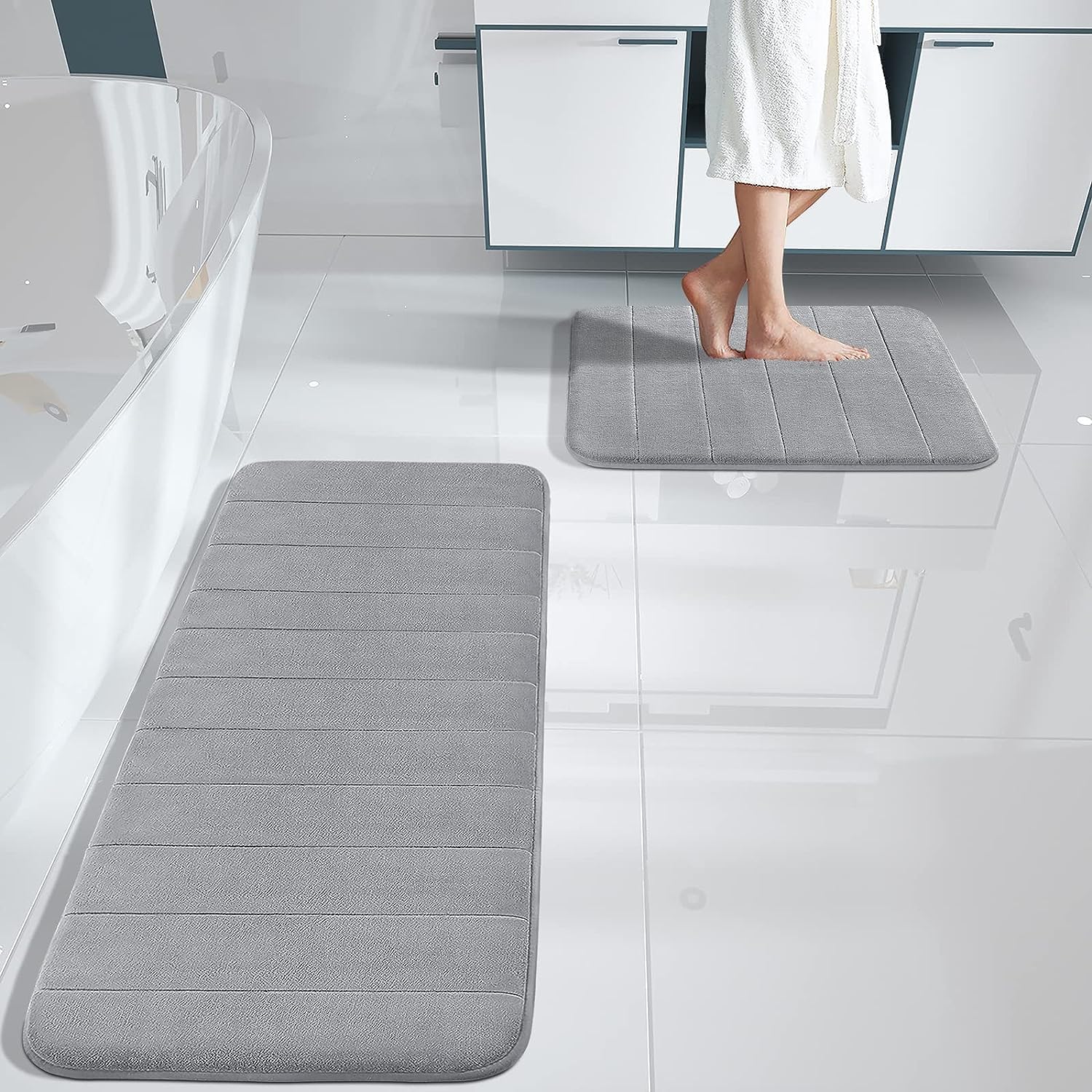 Hopopro Meomry Foam Bathroom Rugs 2 Pieces, Bath Mat Size 24x16 and 47x17 in Grey, 2 Item Bundle