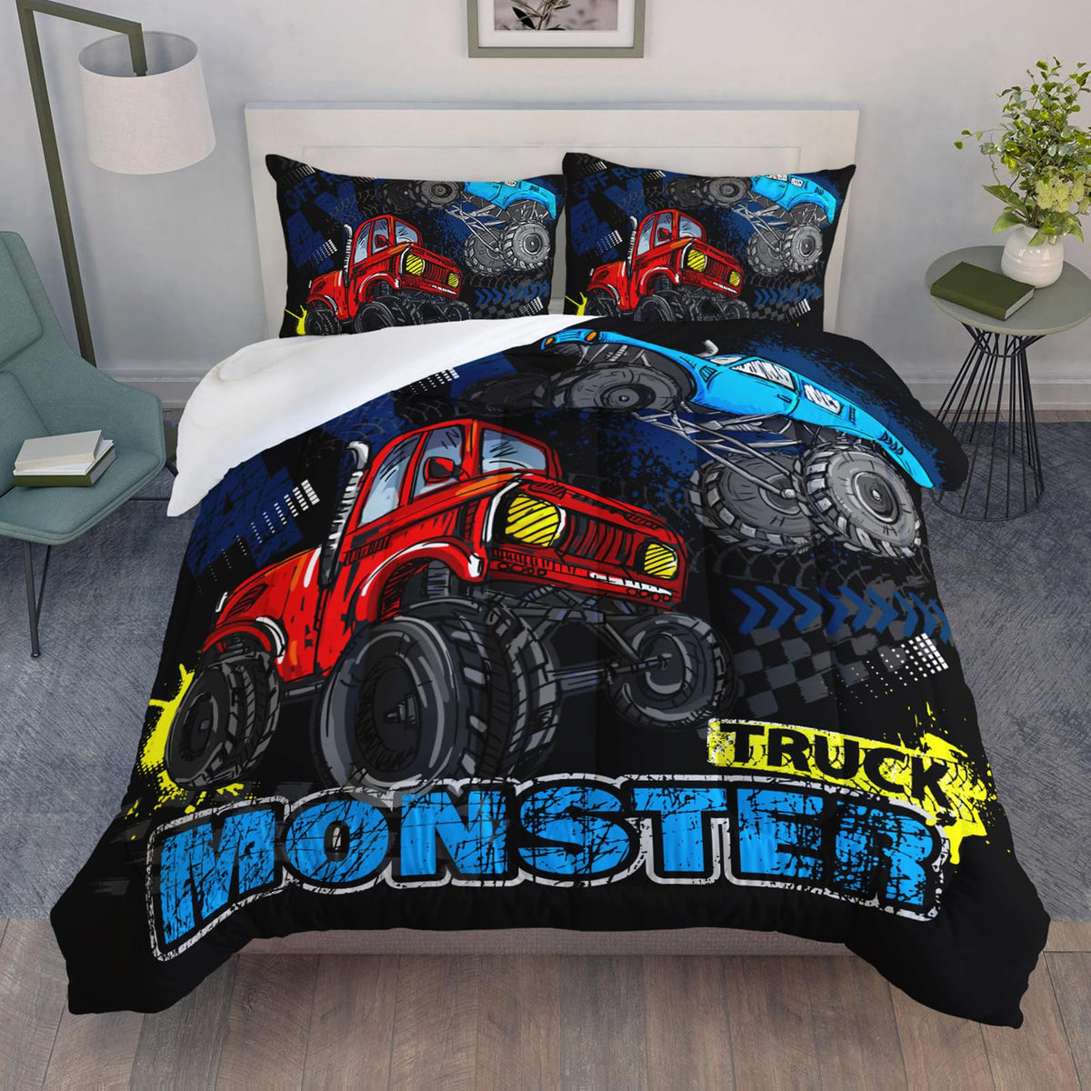 Qoomo Truck Comforter Set For Kids Teens Boys,Cars Kids Comforter,1 Comforter With 2 Pillowcase, Microfiber 3 Piece Bedding Set,