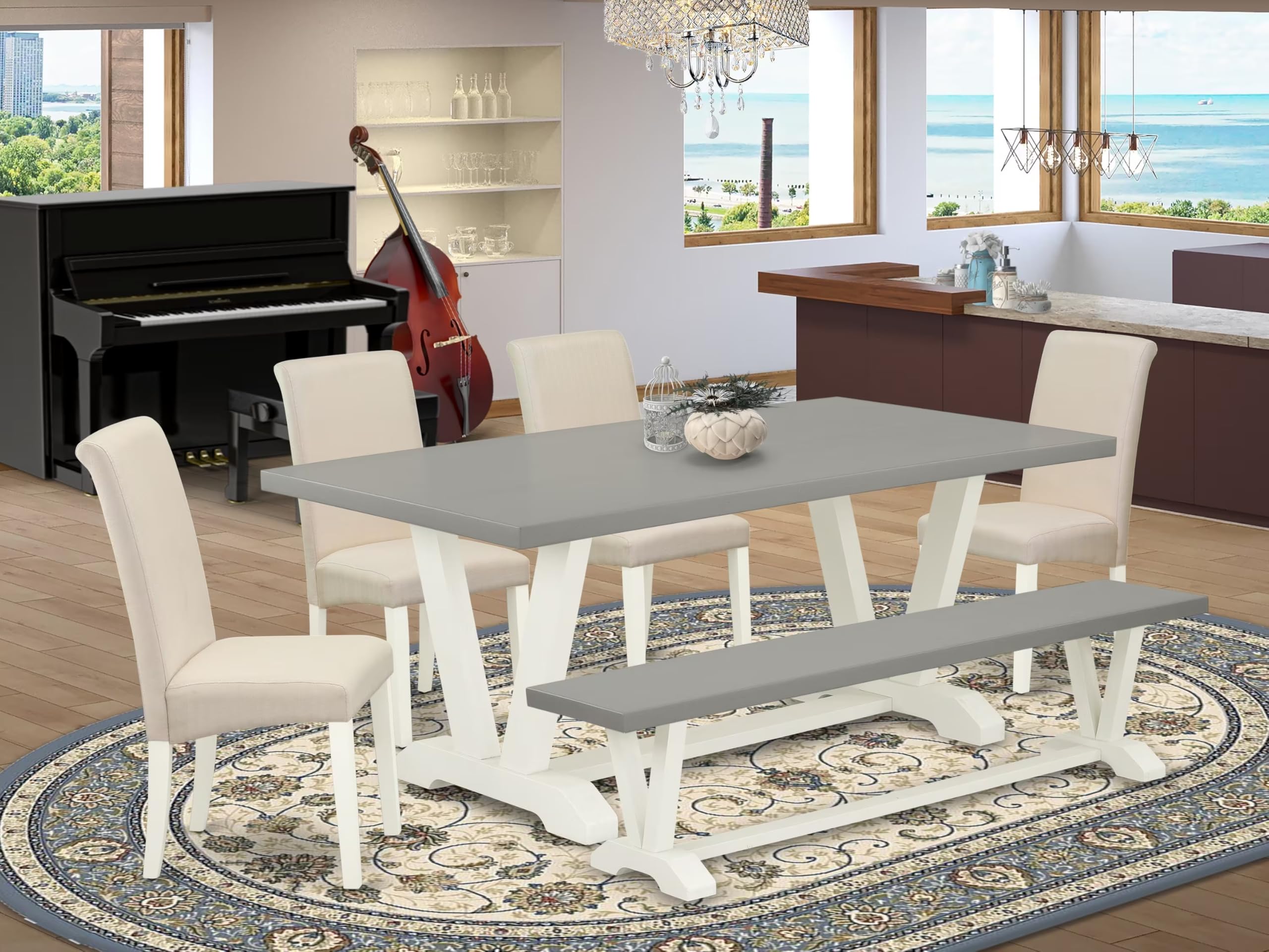 East West Furniture V-Style 6 Piece Dining Room Set Contains A Rectangle Kitchen Table With V-Legs And 4 Cream Linen Fabric Parson Chairs With A Bench, 40X72 Inch, V097Ba201-6