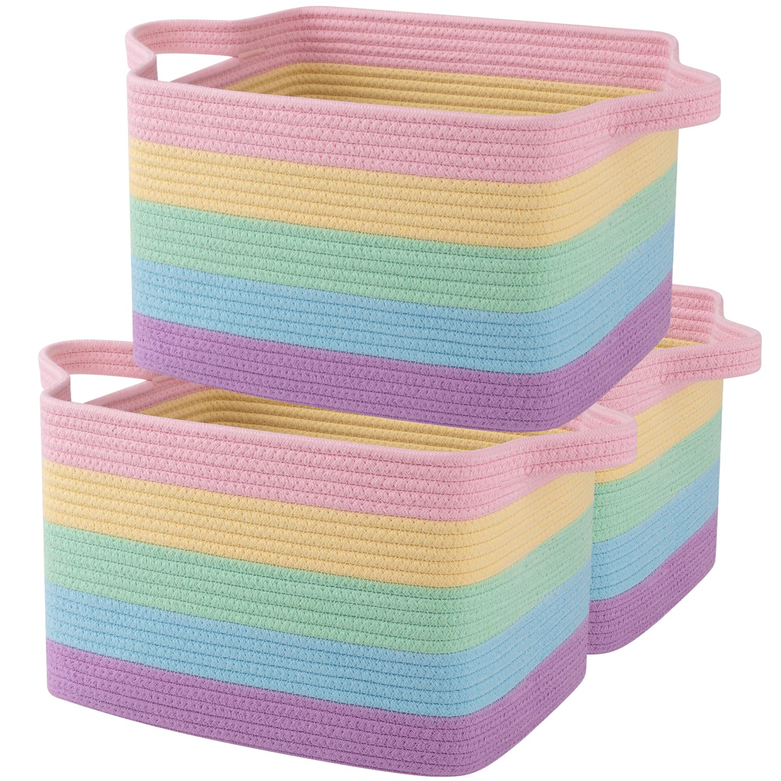 Oiahomy Storage Basket, Woven Baskets For Storage, Cotton Rope Basket For Toys,Towel Baskets For Bathroom - Pack Of 3, Rainbow Pastel