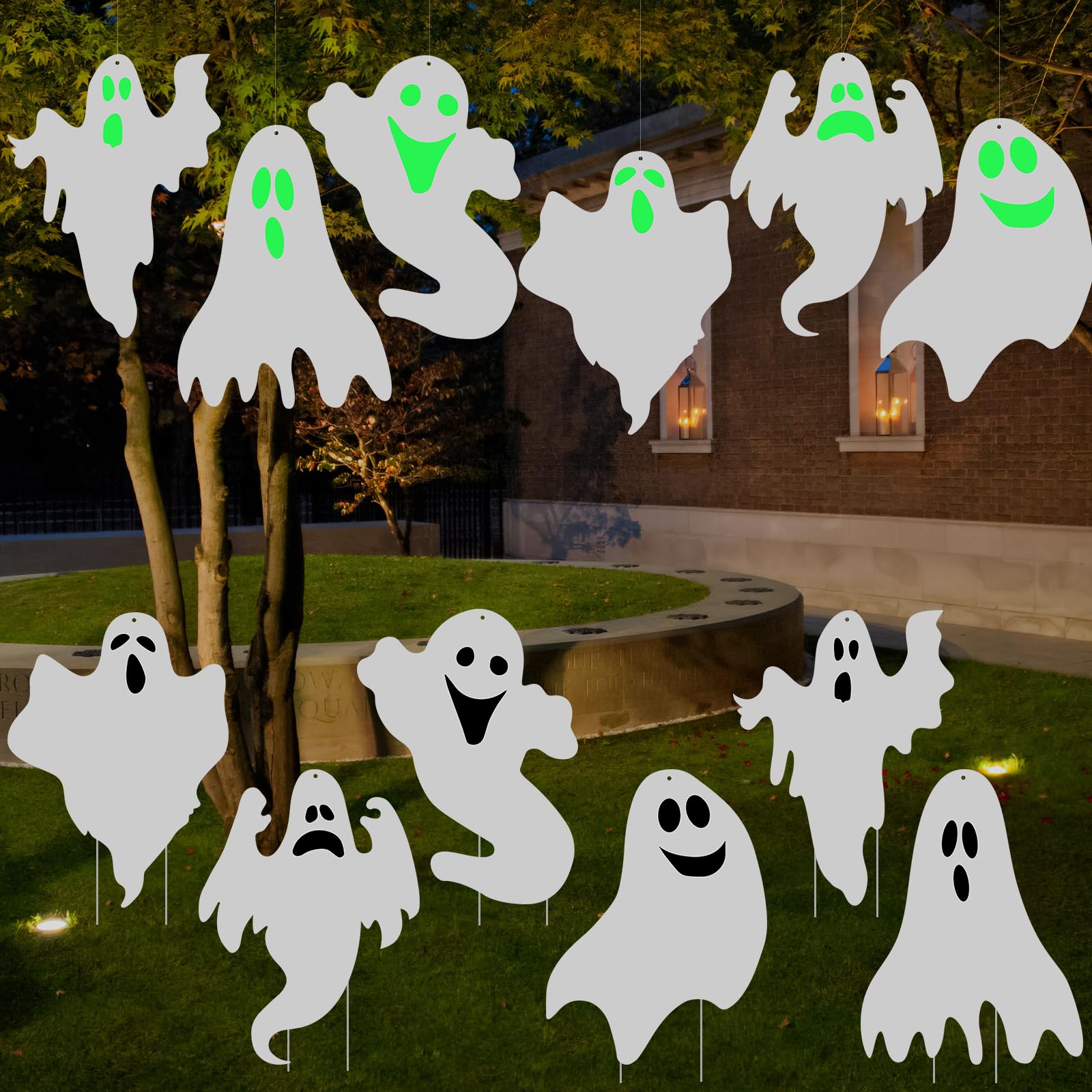 Halloween Outdoor Decorations Yard Signs Stakes - 6Pcs Ghost Lawn Decorations Signs With Face Sticker For Garden Yard Scary Hall