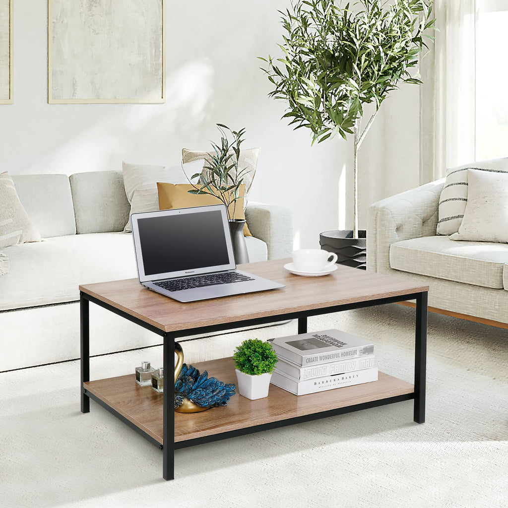 Super Deal 2-Tier Industrial Coffee Table With Storage Shelf For Small Apartment Living Room, Rectangle Wood And Stable Metal Tv Stand Side End Table, Natural Oak