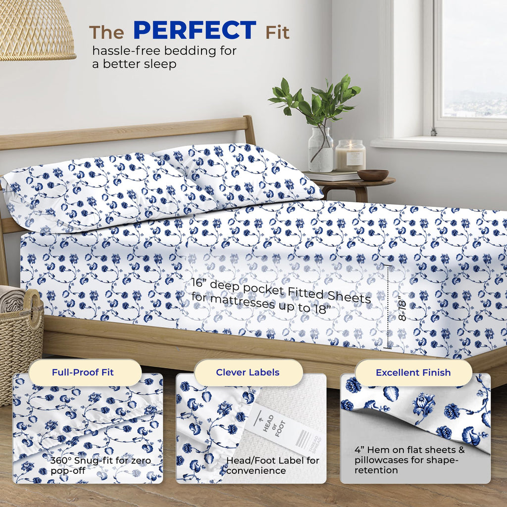 Thread Spread 100% Egyptian Cotton Printed Bed Sheets - 600 Thread Count 3 Pc Twin Sheet Set, Hotel Luxury Sateen Bedsheets, 16' Deep Pocket Soft Cooling Sheets For Twin Size Bed - Floral Blue