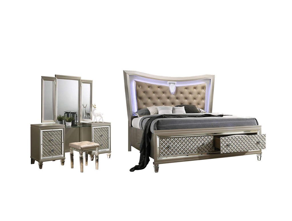 Best Quality Furniture Venetian 3Pc (California King Bed And Vanity Set), Champagne