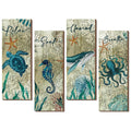 4 Pieces Beach Bathroom Decor Wall Sign Art Ocean Decor Sea Turtle Wall Art Nautical Bathroom Pictures Coastal Octopus Wood Sign