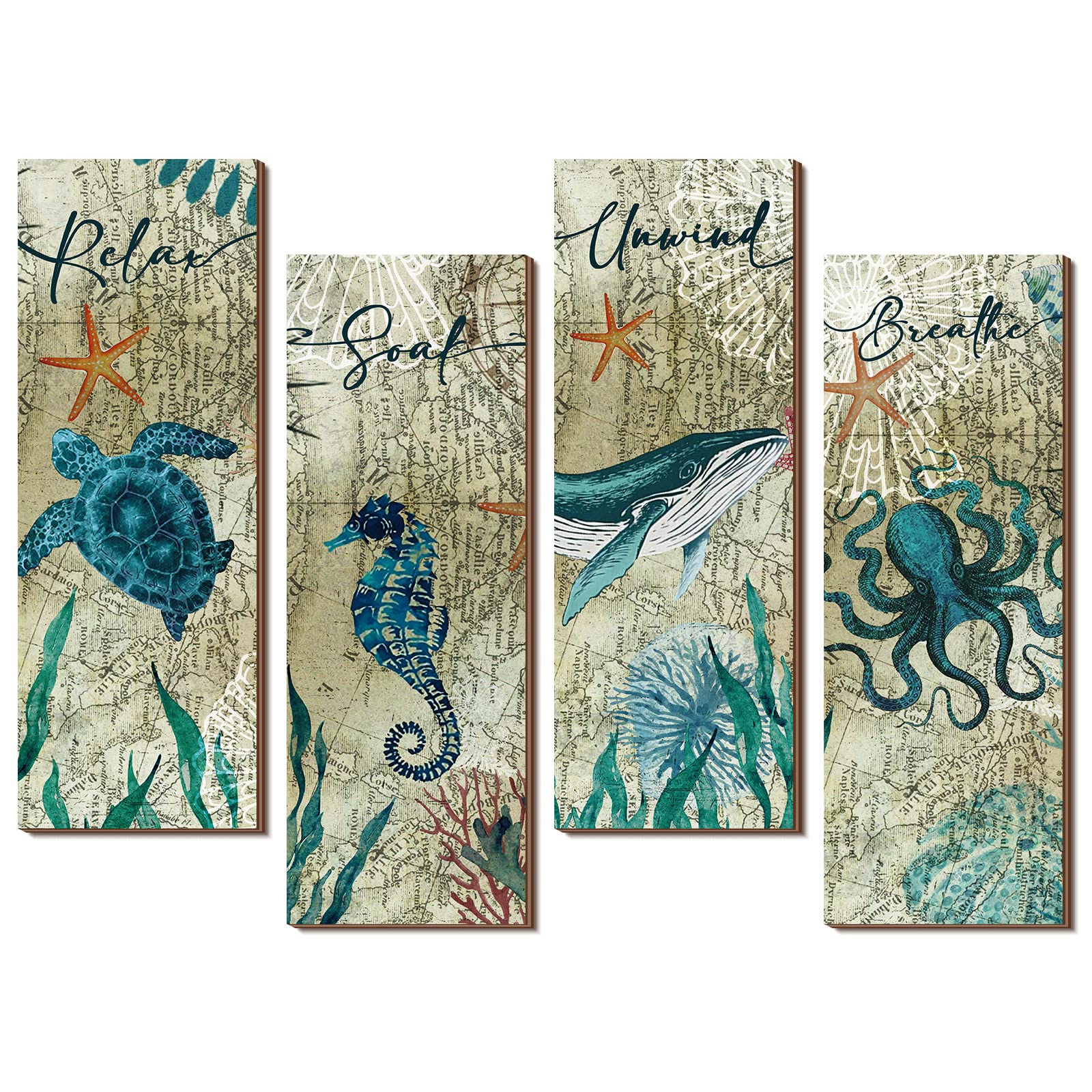 4 Pieces Beach Bathroom Decor Wall Sign Art Ocean Decor Sea Turtle Wall Art Nautical Bathroom Pictures Coastal Octopus Wood Sign