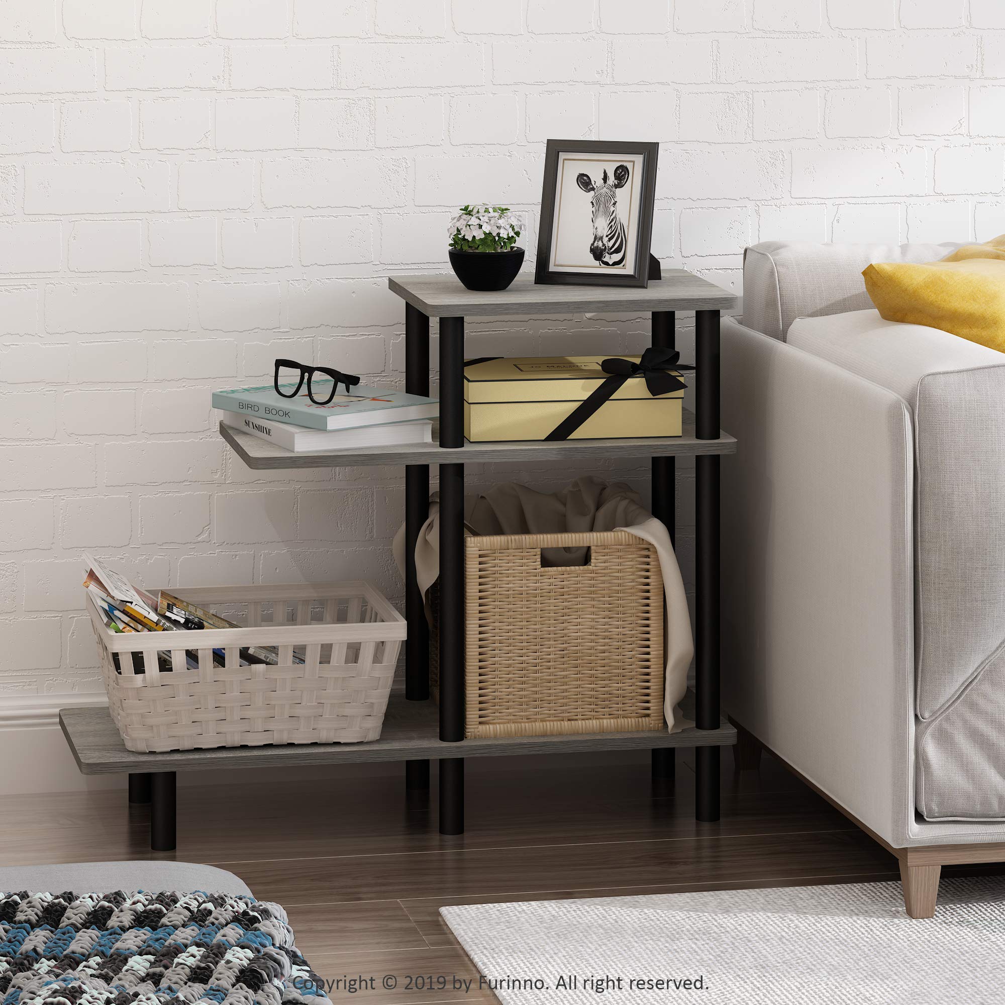 Furinno Turn-N-Tube 3-Tier Sofa Side Table, French Oak Grey/Black