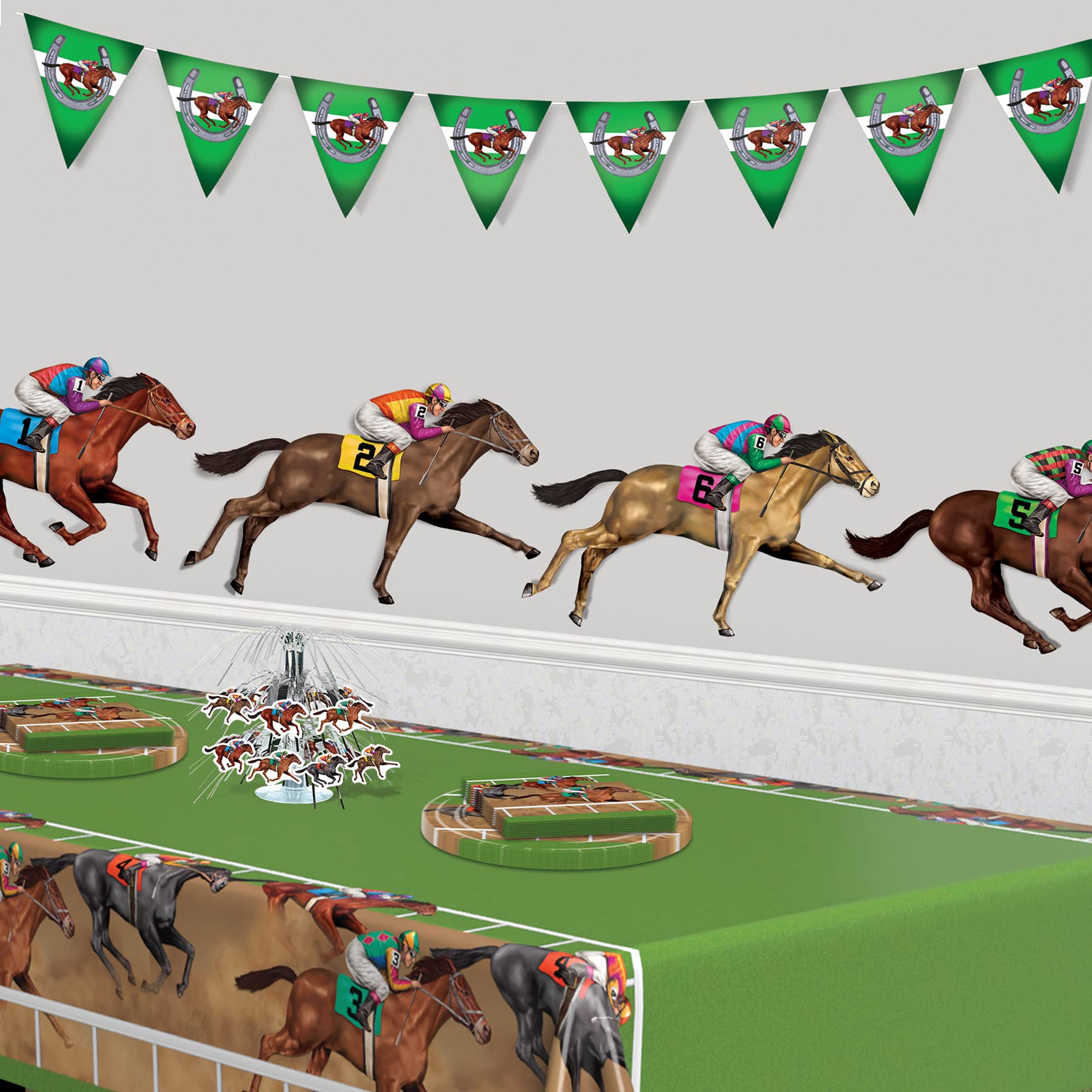 Beistle Racehorse Themed Photo Props, 8 Pieces, 29' - Printed Plastic Cut Out Horse Racing Wall Decorations, Jockey Backdrops