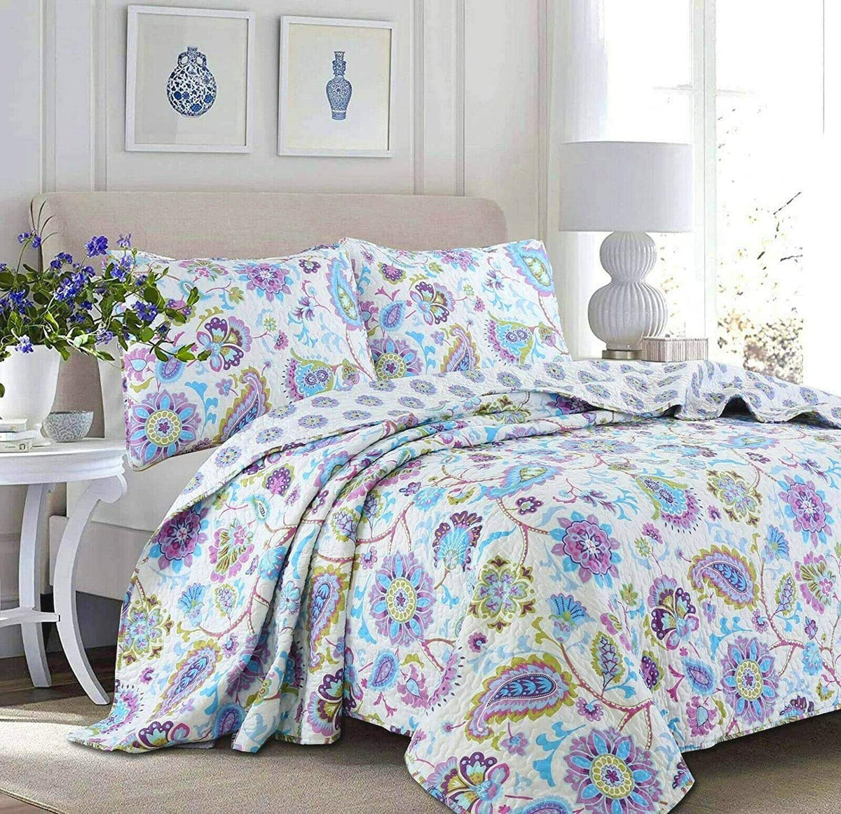 Cozy Line Home Fashions Lilac Lavender Purple Floral Paisley Reversible Quilt Bedding Set, Coverlet Bedspread Lightweight For Al