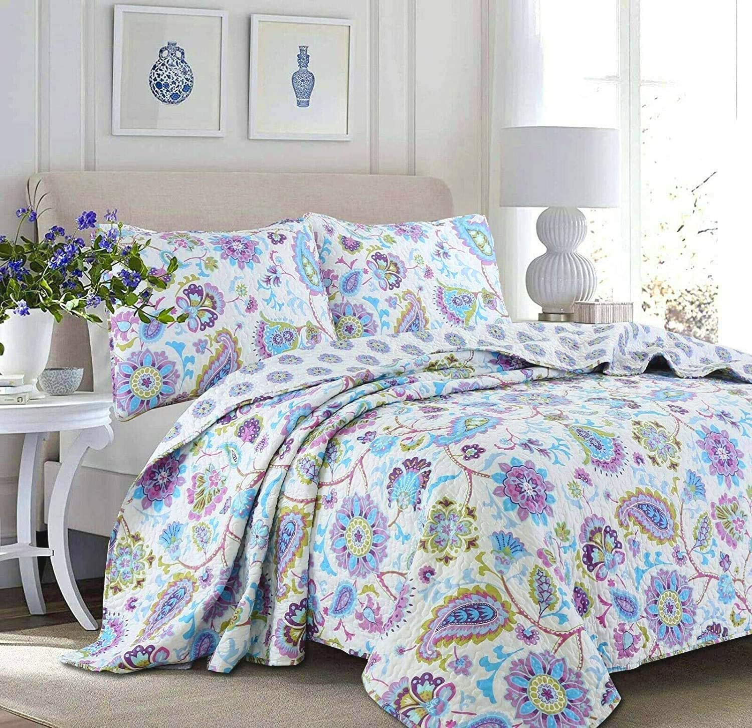 Cozy Line Home Fashions Lilac Lavender Purple Floral Paisley Reversible Quilt Bedding Set, Coverlet Bedspread Lightweight For Al