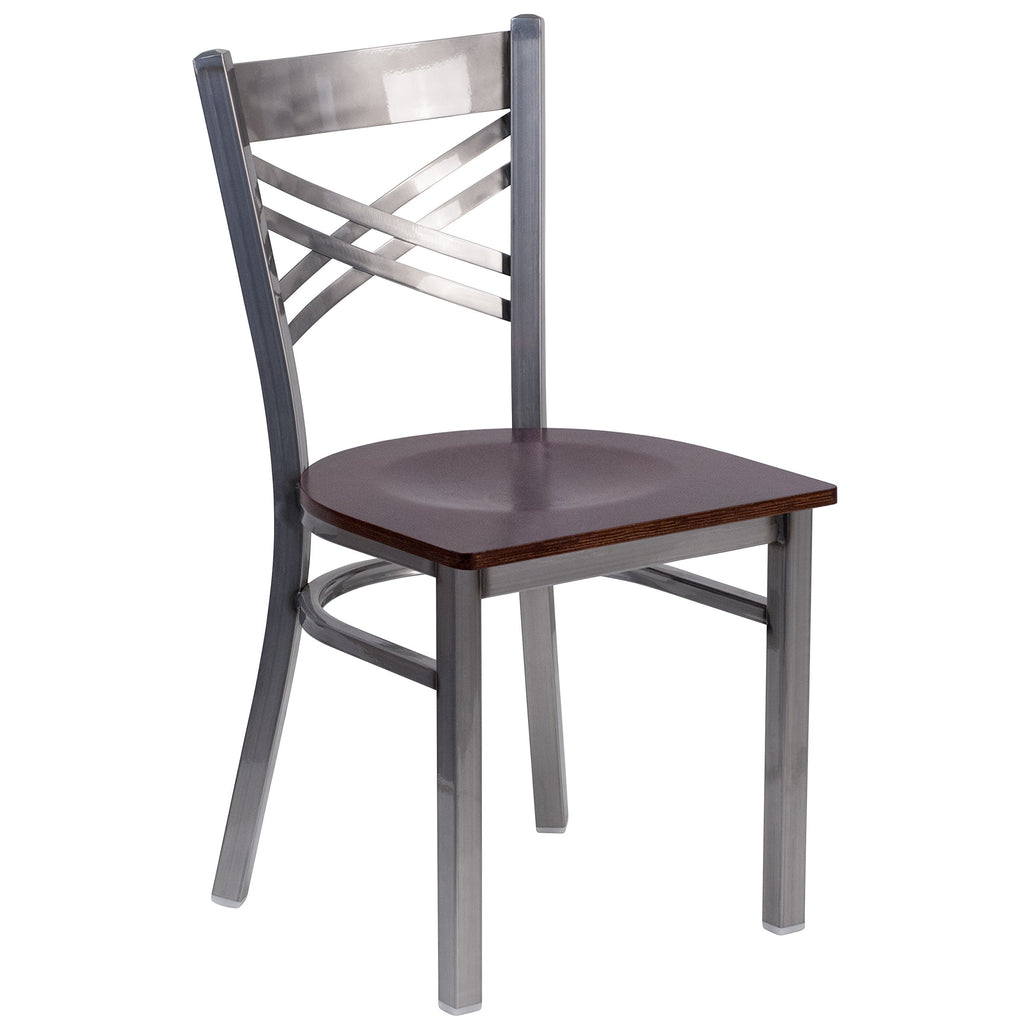 Flash Furniture Hercules Series Clear Coated ''X'' Back Metal Restaurant Chair - Walnut Wood Seat
