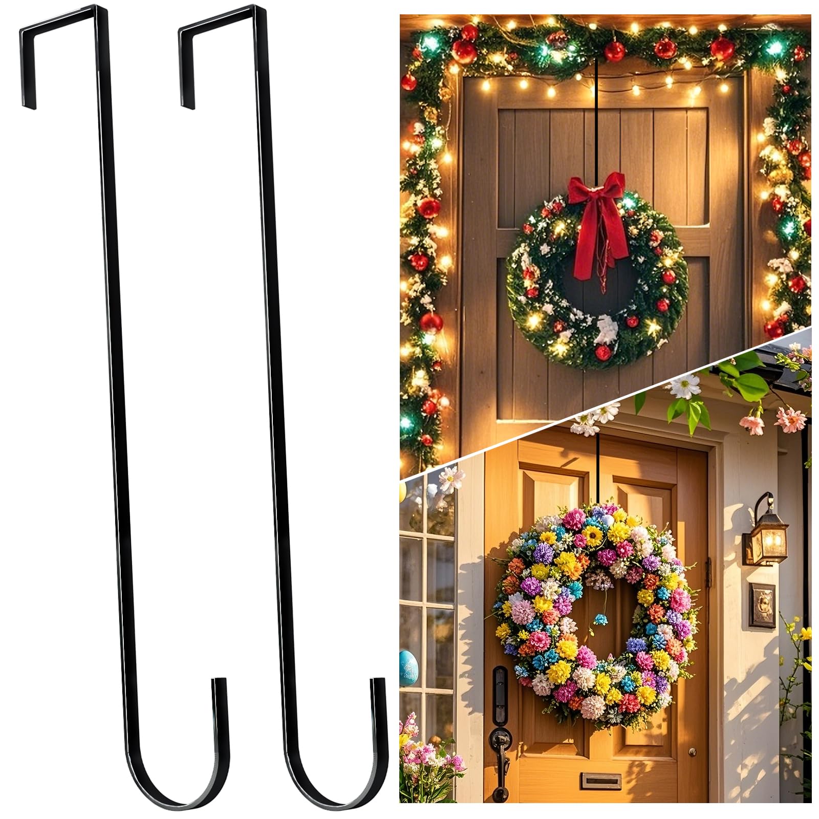 15 Wreath Hangers for Front Door,2 Pack Wreath Door Hanger,Non Scratch Over The Door Hooks Halloween Christmas Easter Decoration