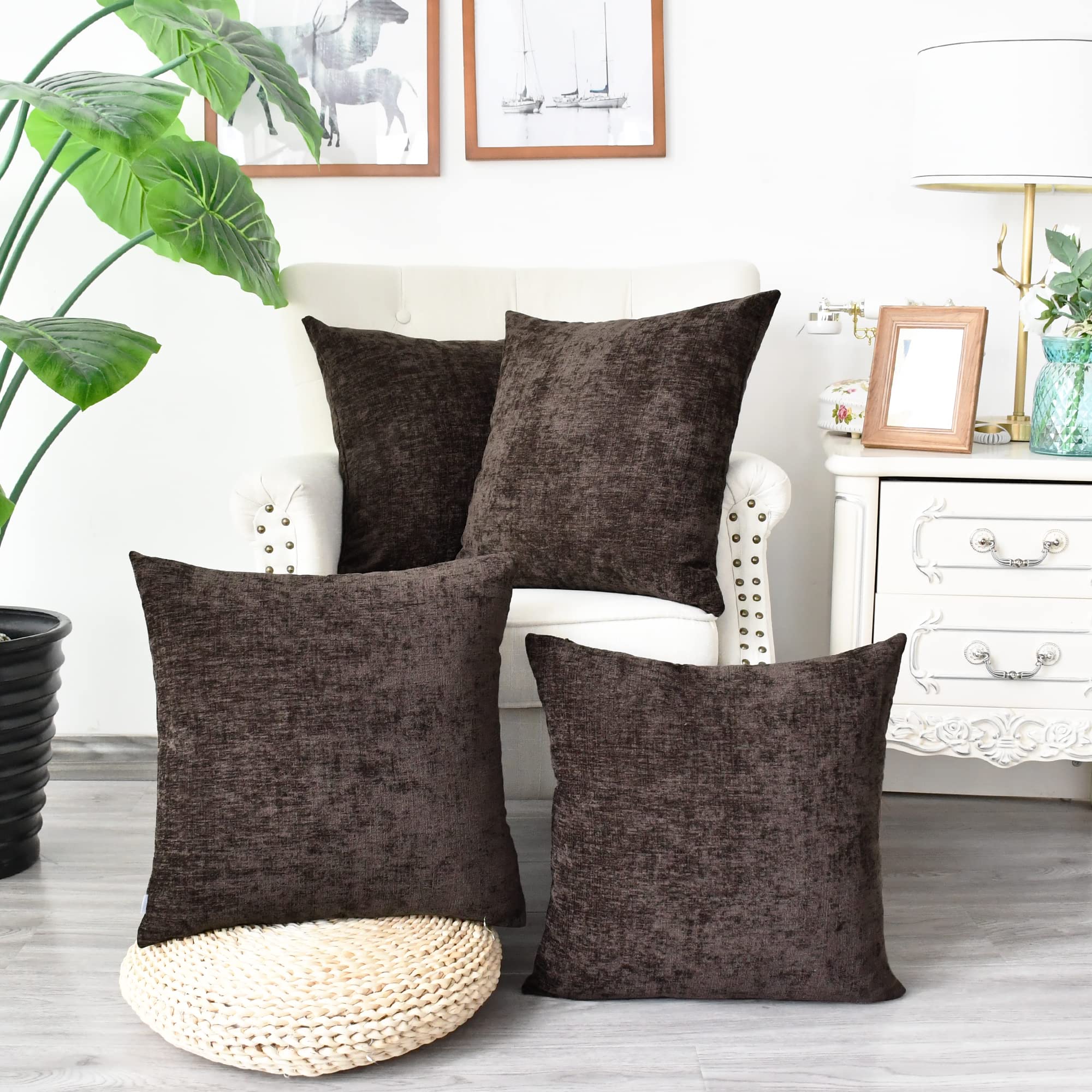 Calitime Pack Of 4 Cozy Throw Pillow Covers Cases For Couch Sofa Home Decoration Solid Dyed Soft Chenille 18 X 18 Inches Coffee