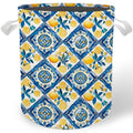Cilrii Blue and White Tiles Lemon Laundry Basket, Italian Coastal Summer Lemon Citrus Fruit Laundry Basket Hamper Waterproof Col
