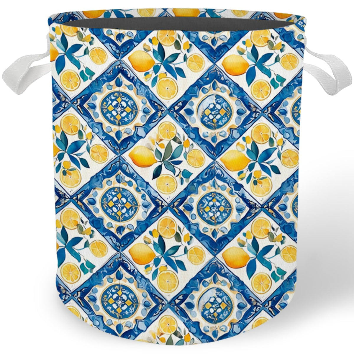 Cilrii Blue and White Tiles Lemon Laundry Basket, Italian Coastal Summer Lemon Citrus Fruit Laundry Basket Hamper Waterproof Col