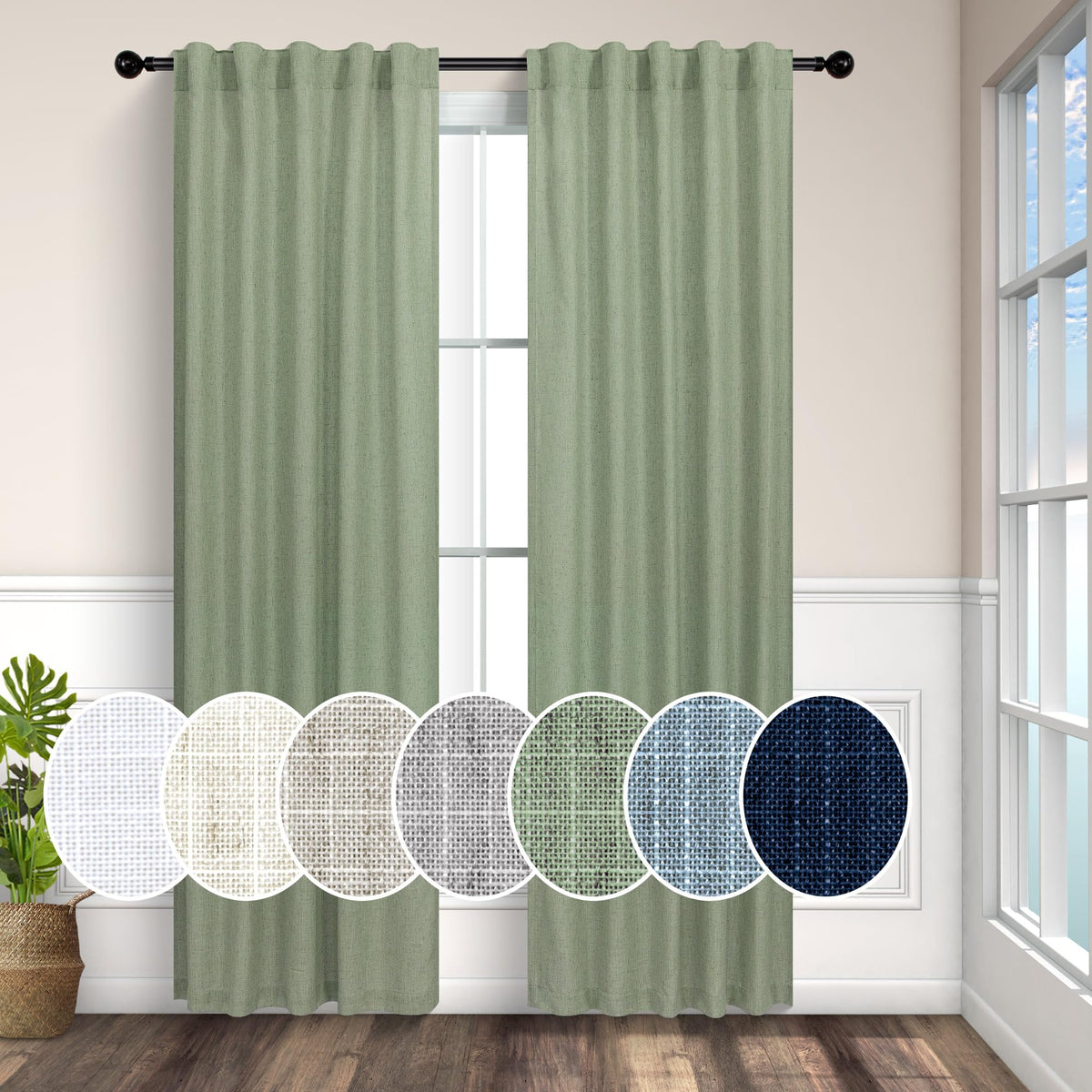 Sage Green Curtains 38 Inch Wide For Bedroom 2 Panels Back Tab Rod Pocket Lightweight Flowy Cotton Textured Semi Sheer Linen Lig