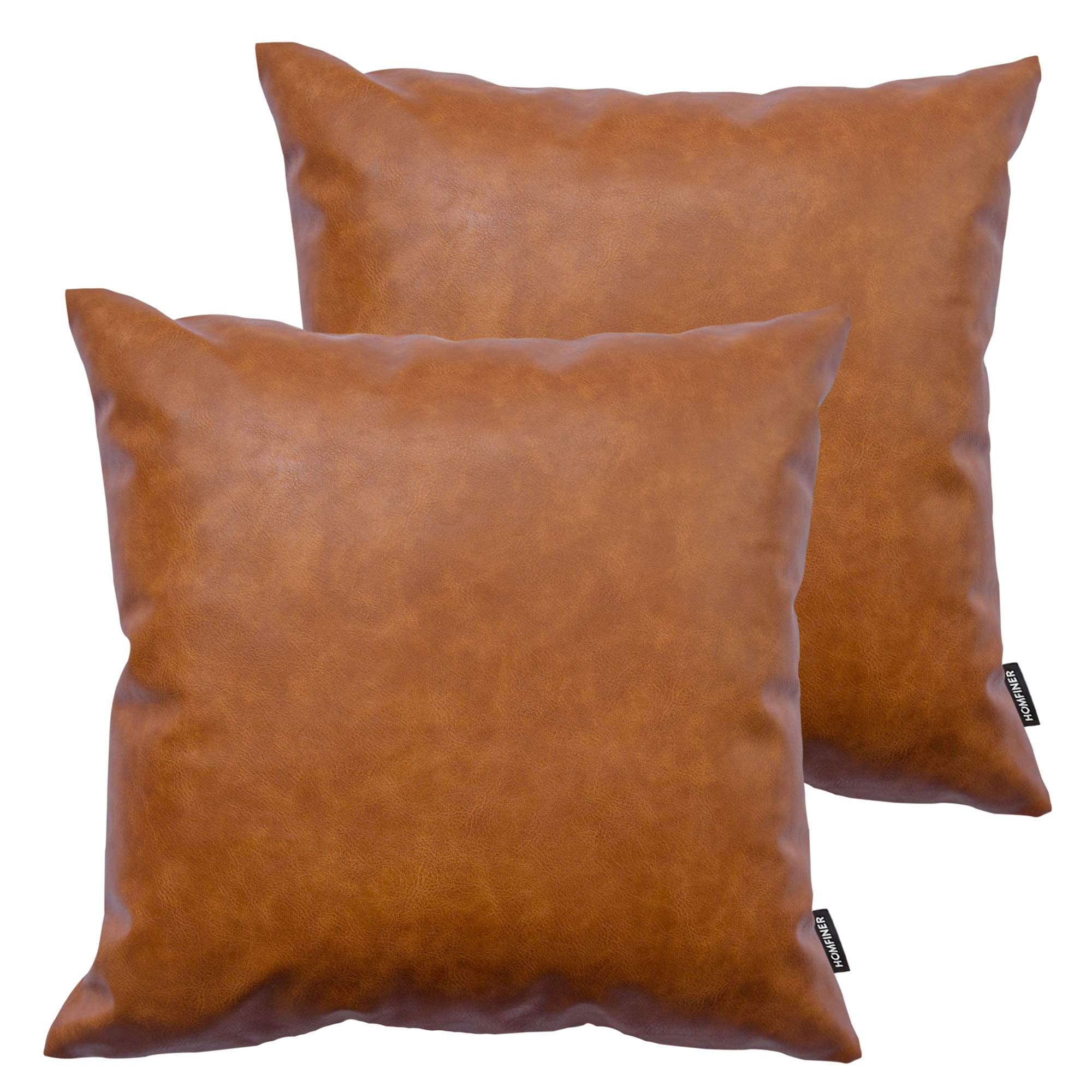 Homfiner Faux Leather Throw Pillow Covers 22X22 Inch, Set Of 2 Thick Cognac Brown Modern Solid Decorative Square Minimalist Cush