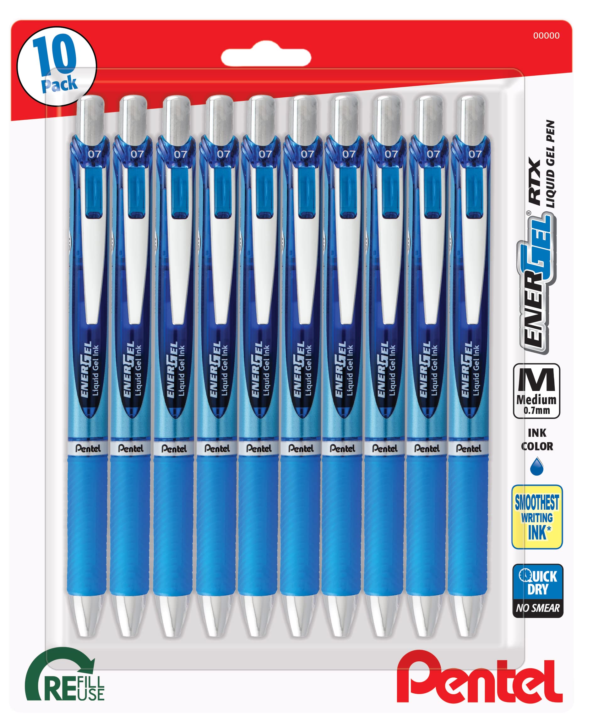 Pentel Energel Rtx Retractable Premium Liquid Gel Pen, (0.7Mm) Needle Tip, Ultra Smooth, Medium Line, Blue Ink 10 Pack